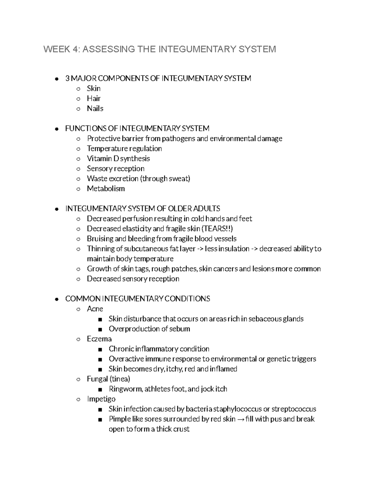 WEEK 4: NURSING NOTES ON ASSESSING THE INTEGUMENTARY SYSTEM - Studocu
