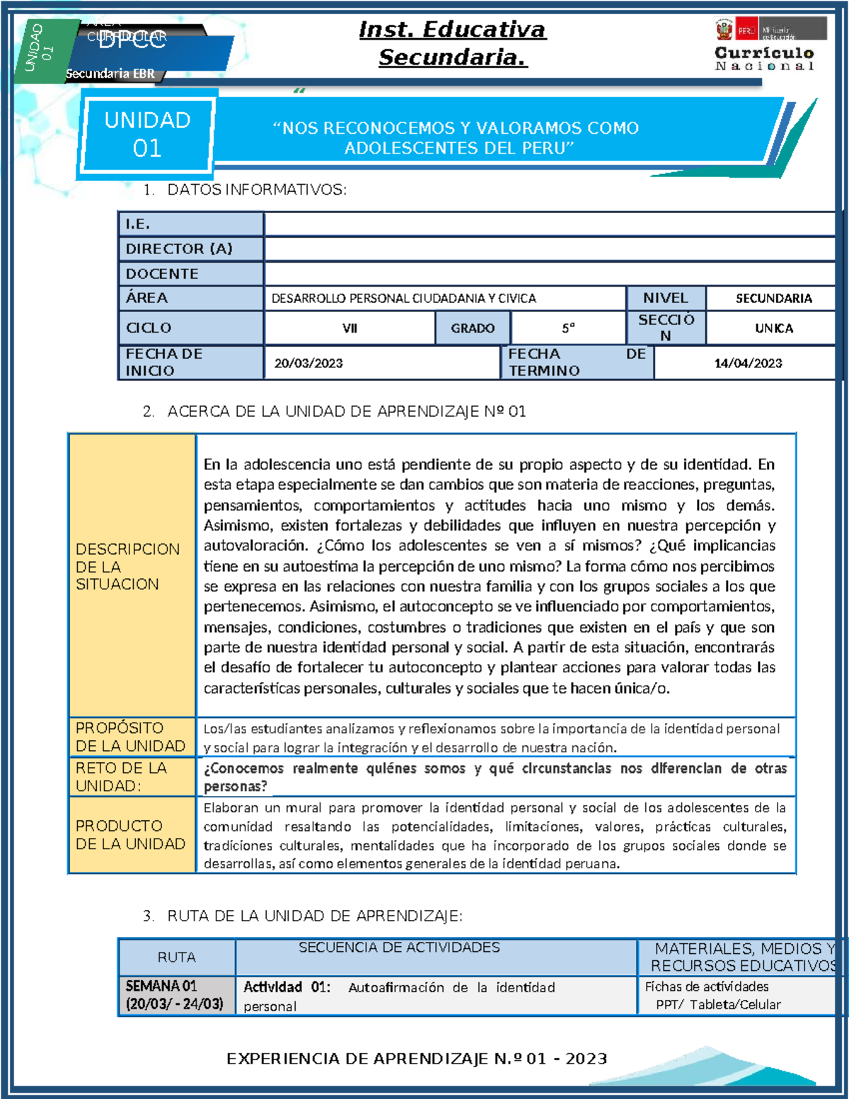 5º DPCC - UNIDAD DE APRENDIZAJE: Identidad y Autoestima en Adolescentes ...