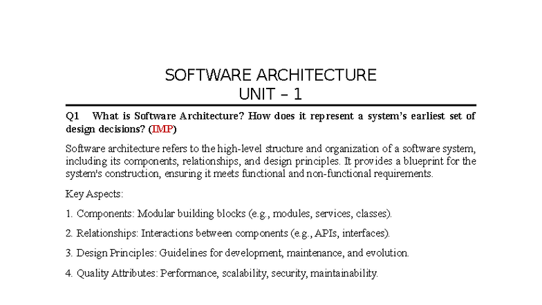 Software Architecture notes - SOFTWARE ARCHITECTURE UNIT – 1 Q1 What is ...