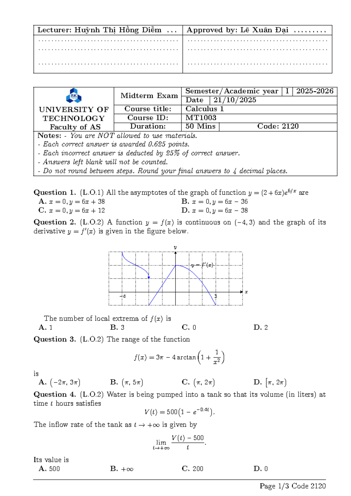 Midterm Exam MT1003: Calculus 1 Solutions and Answers - Studocu