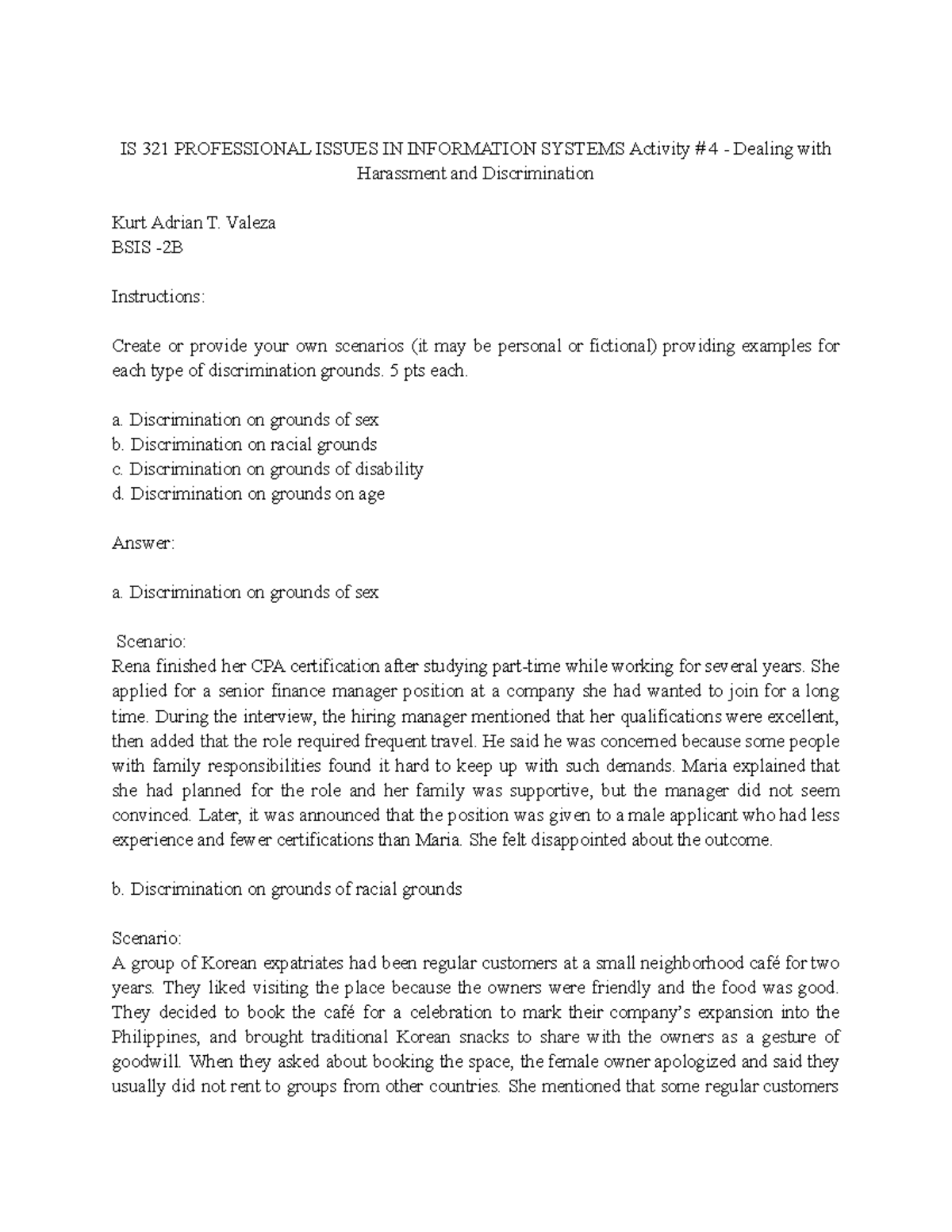 IS 321 Activity 4: Scenarios on Harassment & Discrimination - Studocu