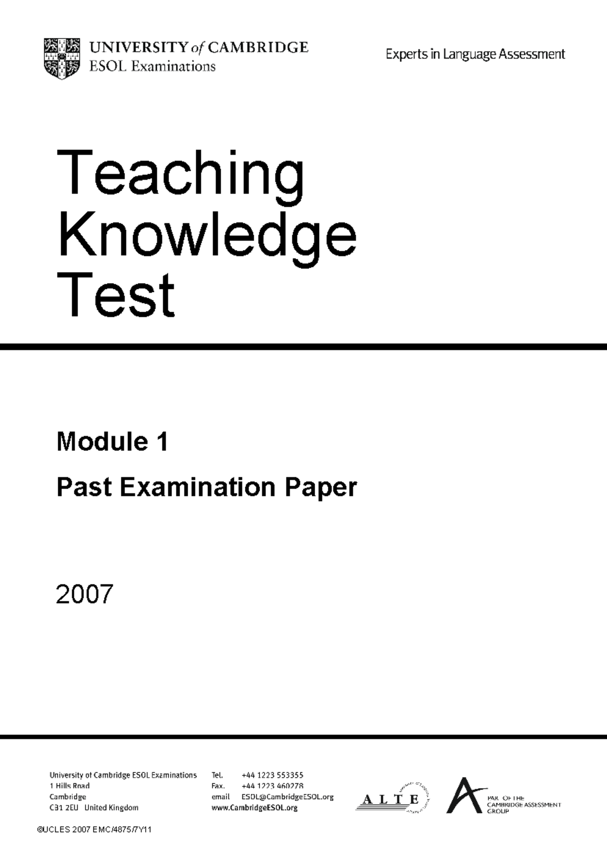 TKT Module 1 Past Examination Paper - 2007 Exam Questions & Answers ...