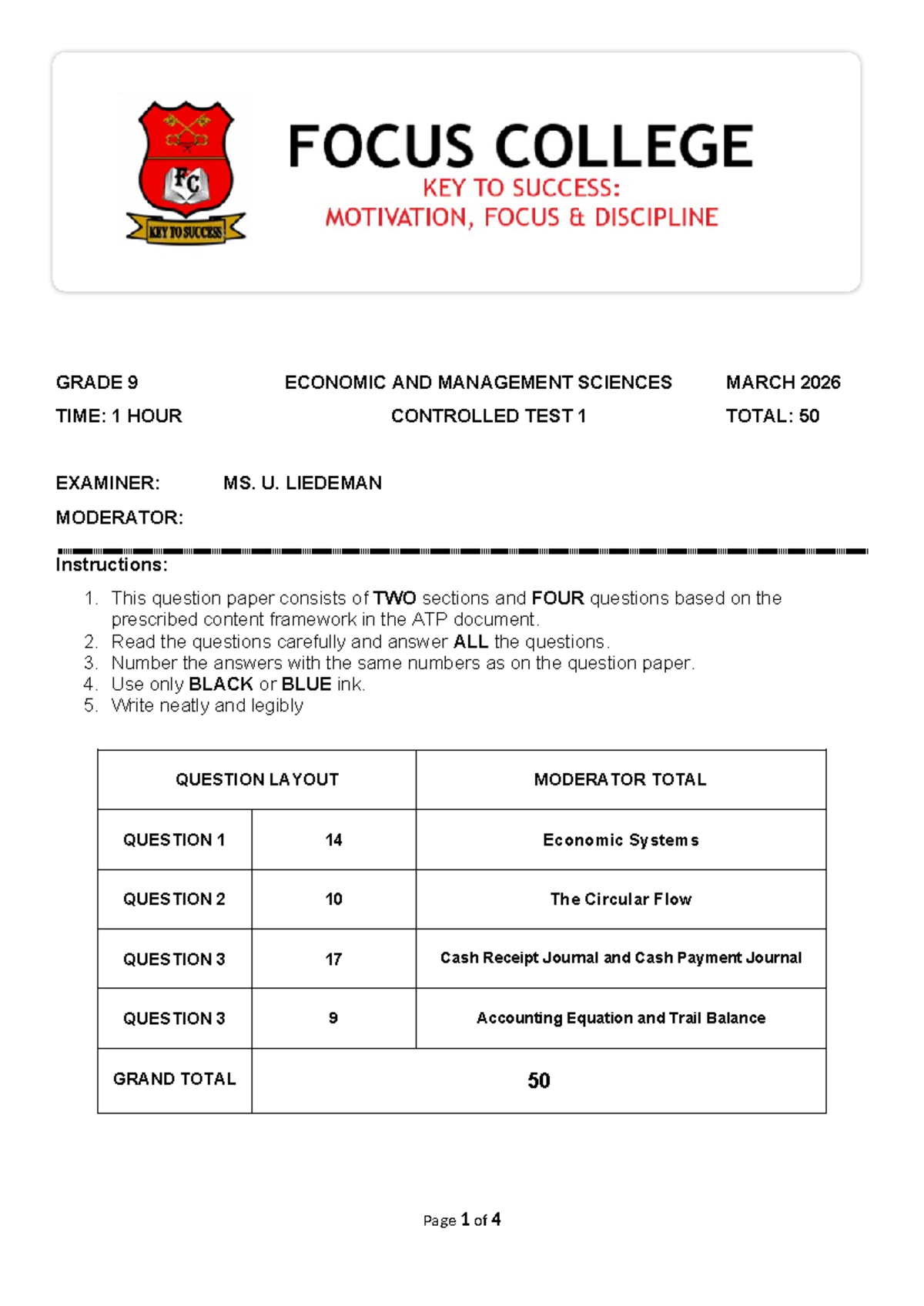 Grade 9 EMS March 2026 Controlled Test 1: Economic Systems & Accounting ...