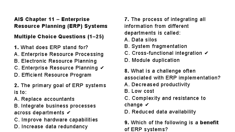 AIS 11 & 13 - ERP & Systems Development MCQs Study Guide - Studocu