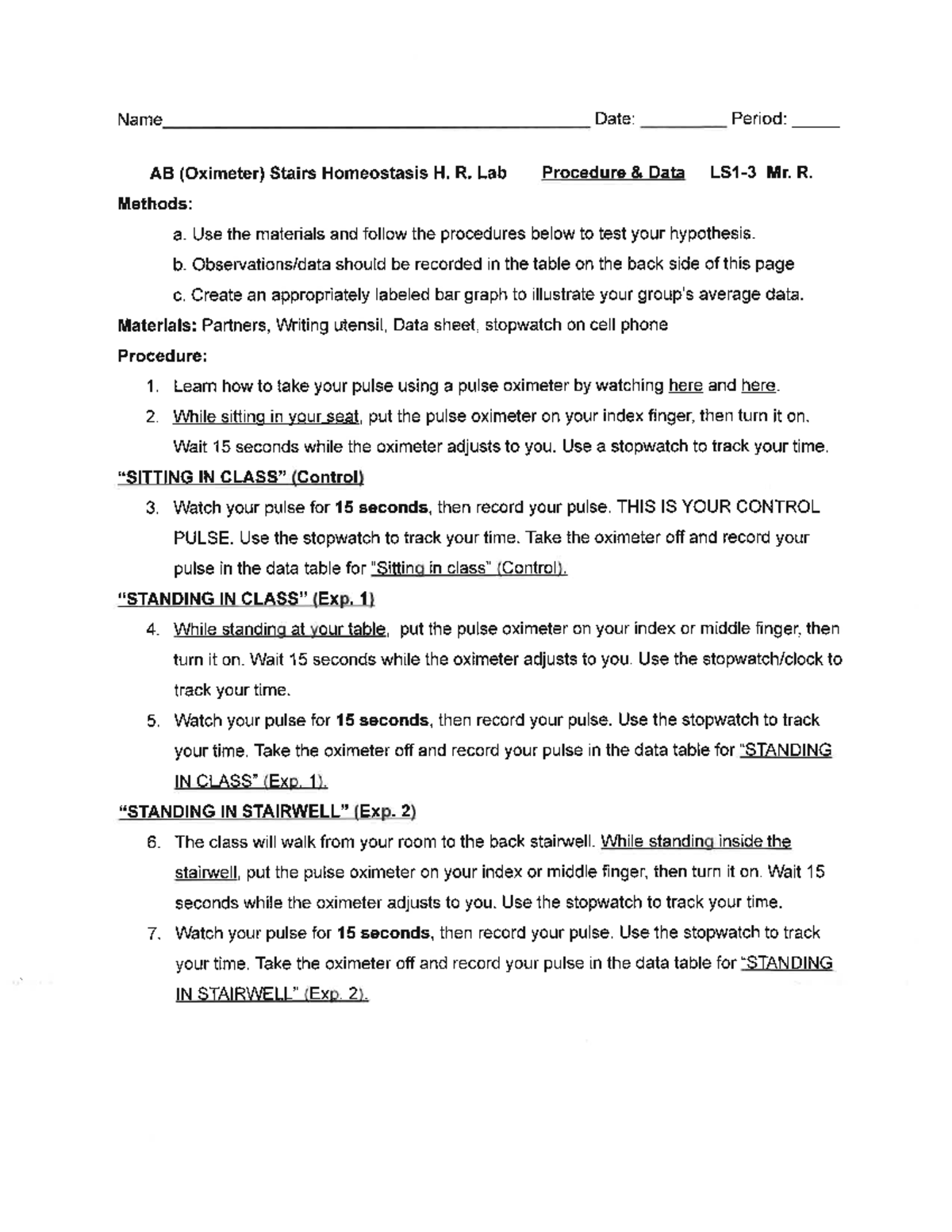 AB Stairs Homeostasis Lab: Procedure, Data Table & Analysis Q's - Studocu