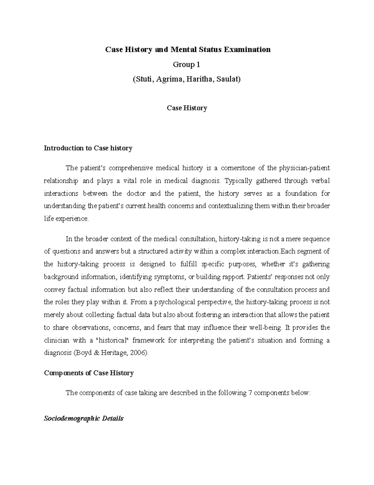 Case History & MSE Notes - Group 1 for Clinical Assessment (PSY101 ...
