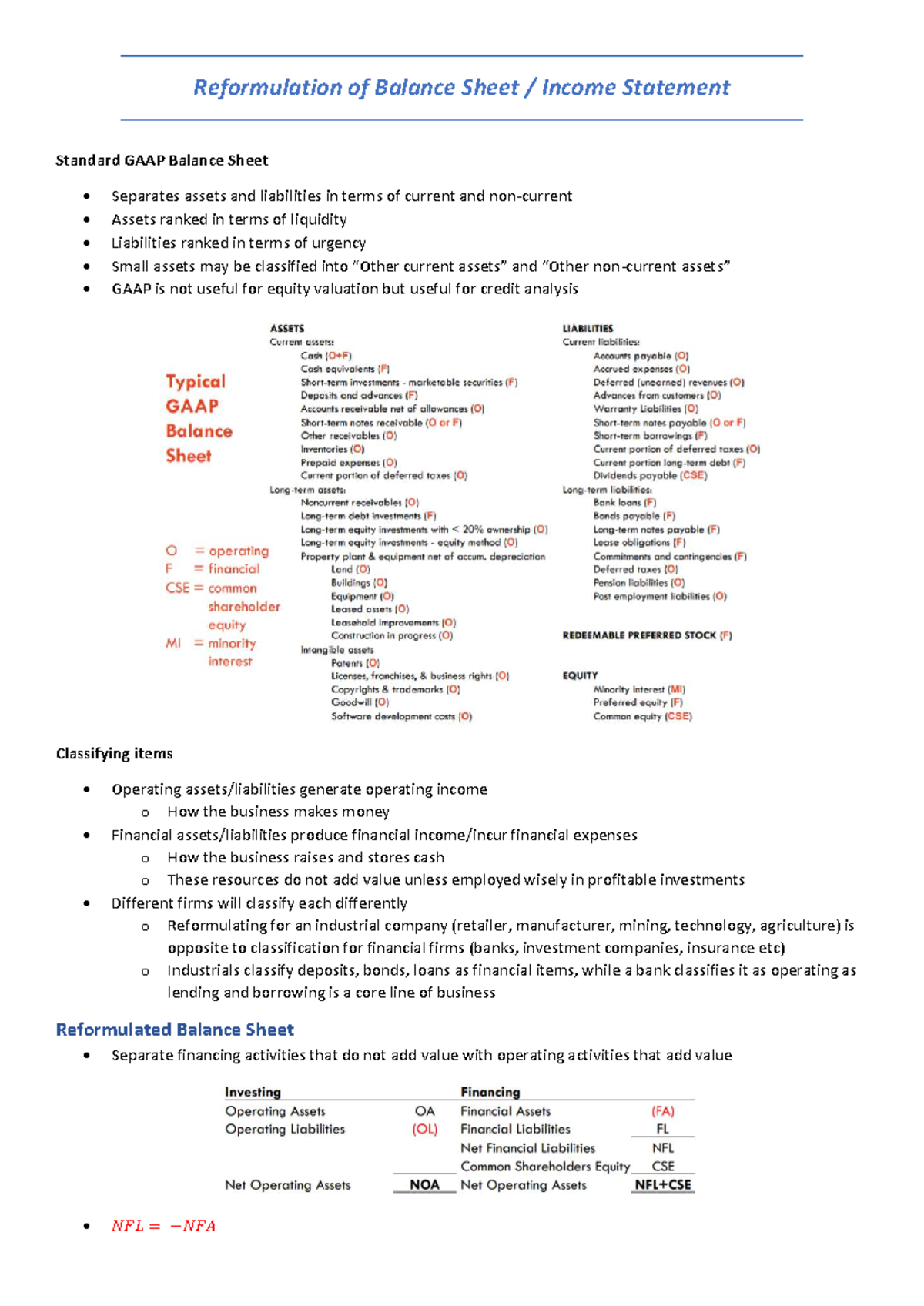 Reformulation of Balance Sheet & Income Statement (FIN 202) - Studocu