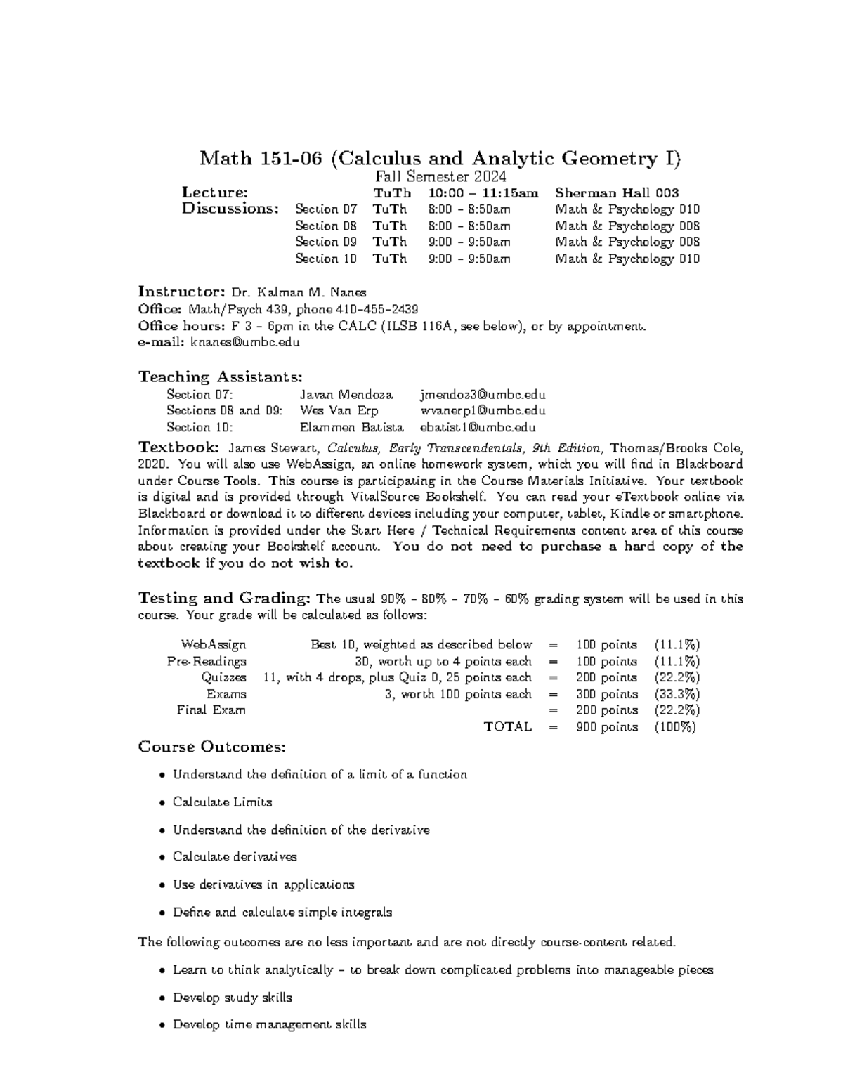 MATH 151-06 Fall 2024 Calculus I Lecture & Discussion Syllabus - Studocu