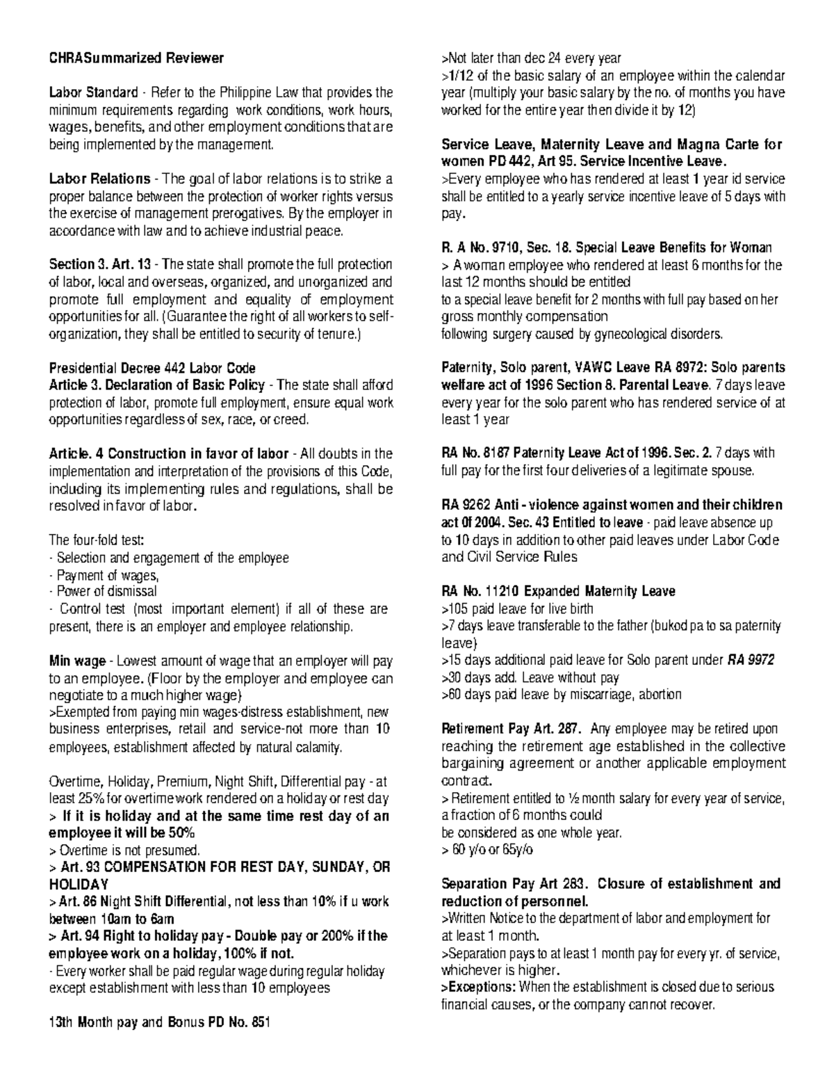 Labor Standards and Relations Summary: Set A & B Overview - Studocu