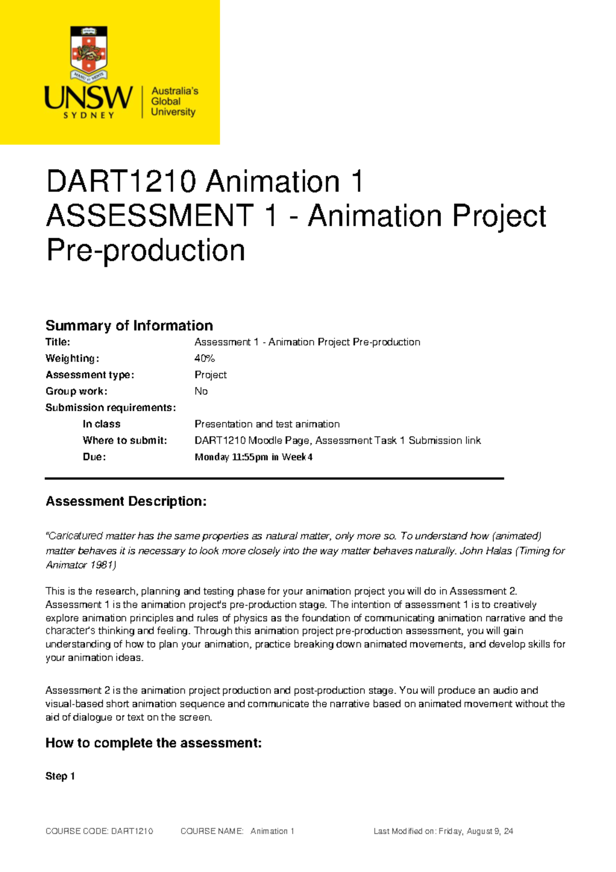 DART1210 Animation 1 ASSESSMENT 1 Project Overview and Guidelines - Studocu
