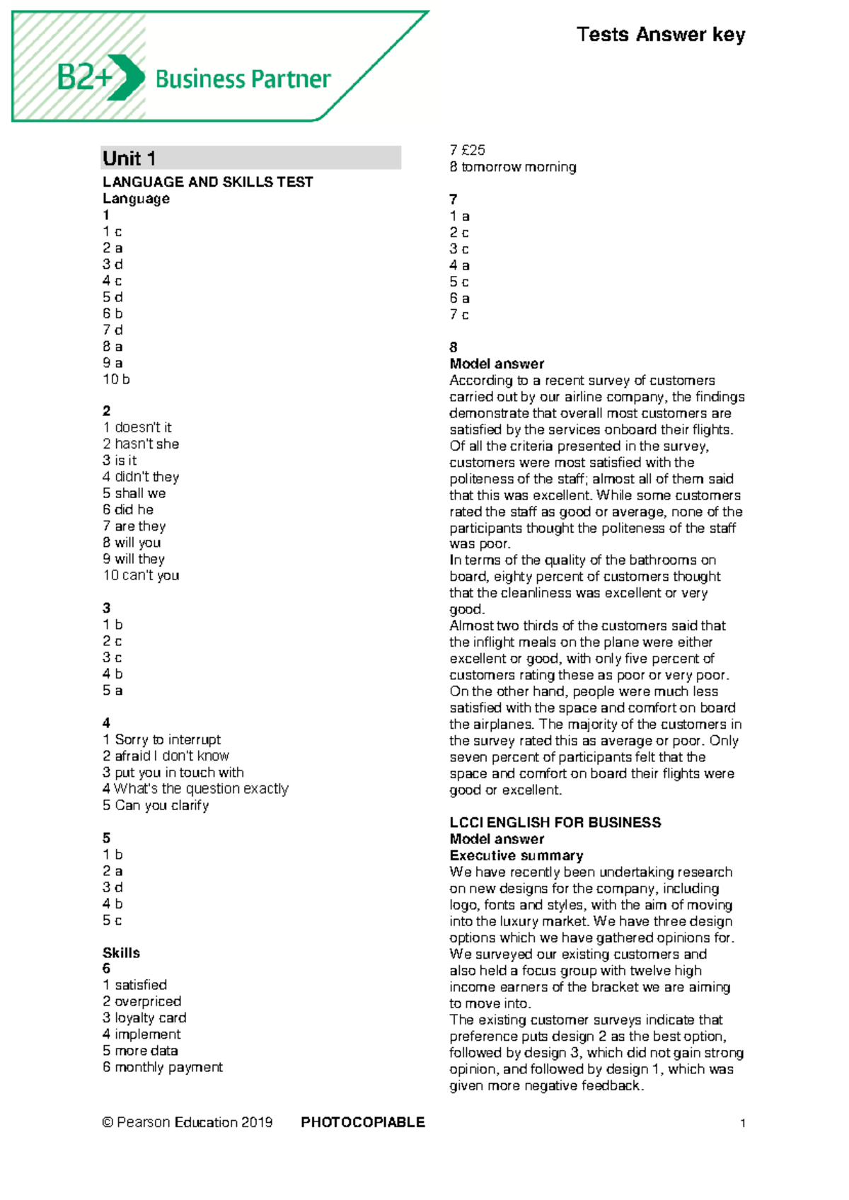 BP B2+ Language and Skills Tests Answer Key - Studocu