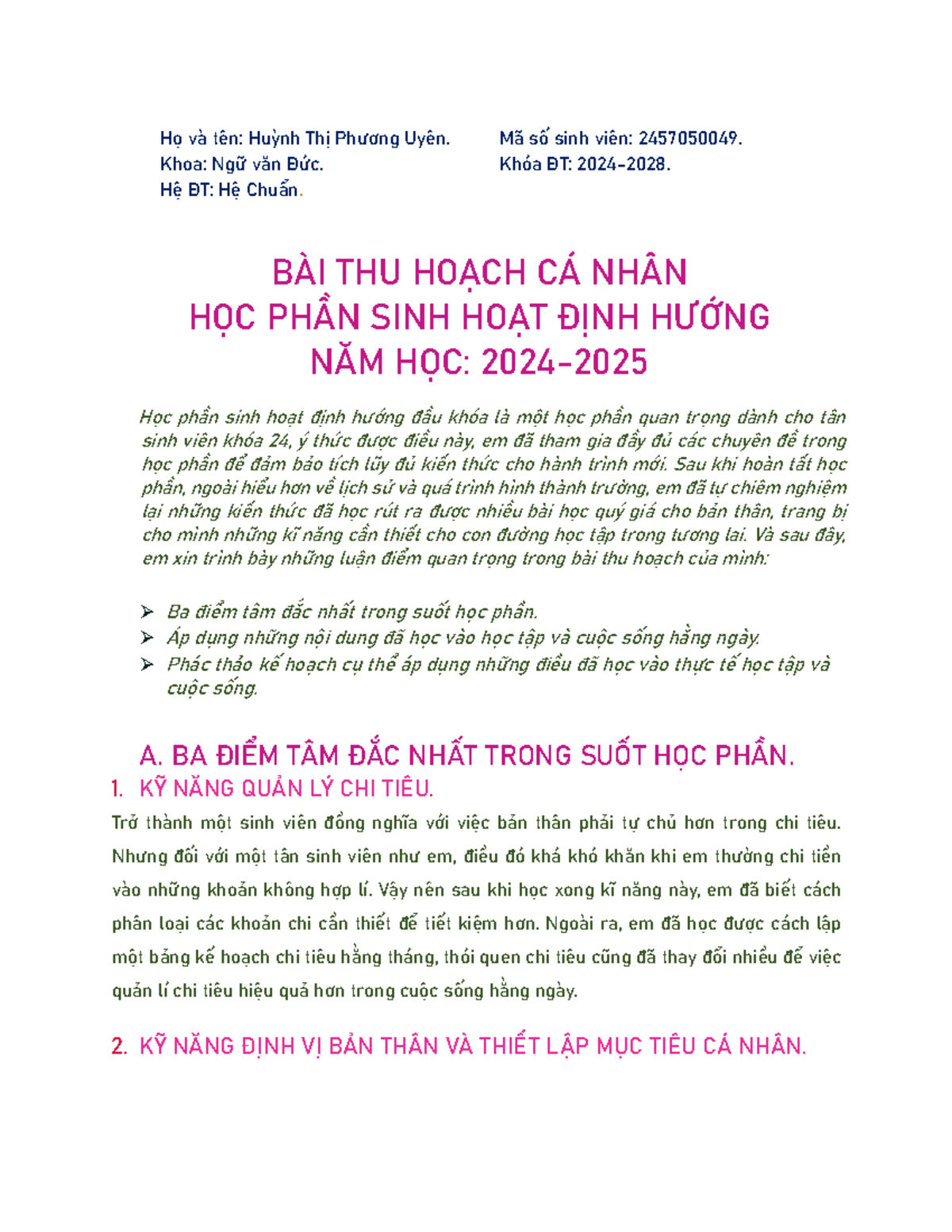 Bài Thu Hoạch Cá Nhân Học Phần SHDH 2457050049 Năm Học 2024-2025 - Studocu