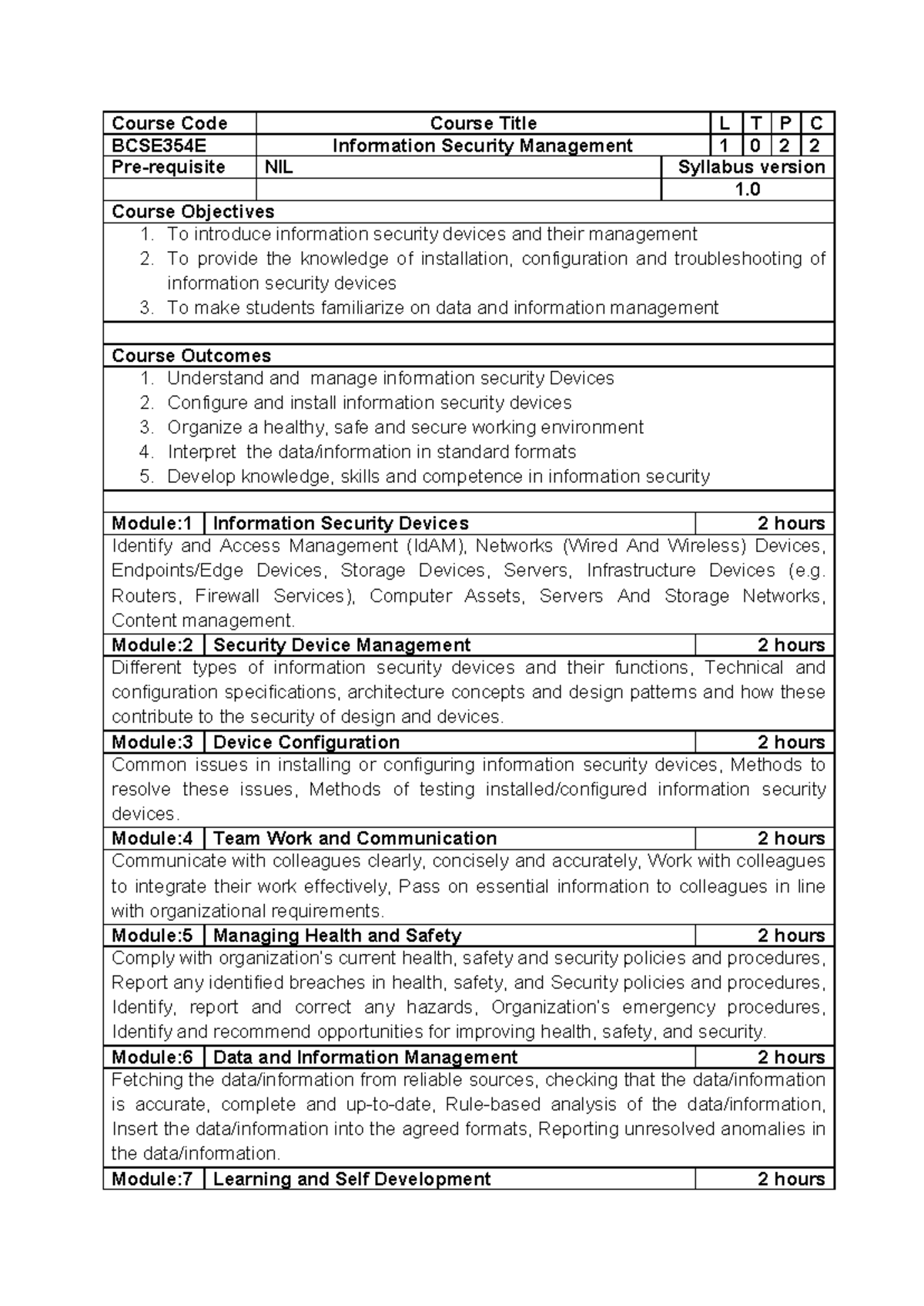 Information Security Management Syllabus - Course Code Course Title L T ...