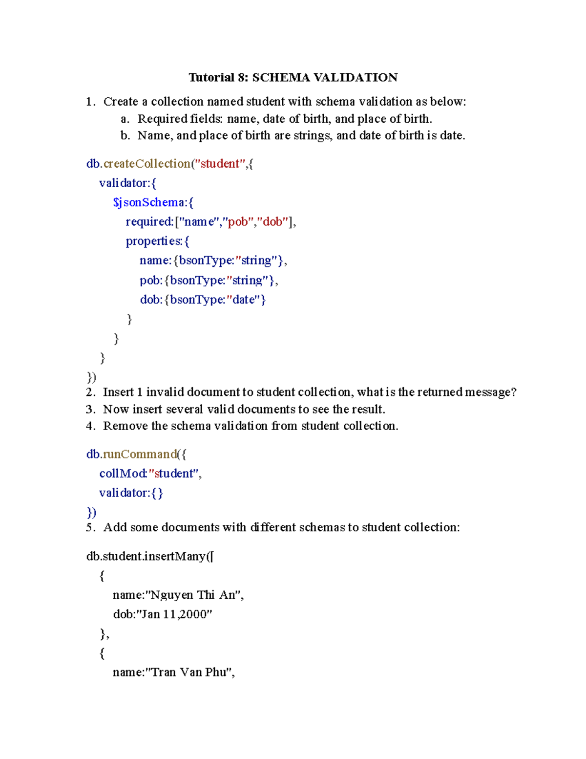 Tutorial 8: Schema Validation in MongoDB Collections - Studocu