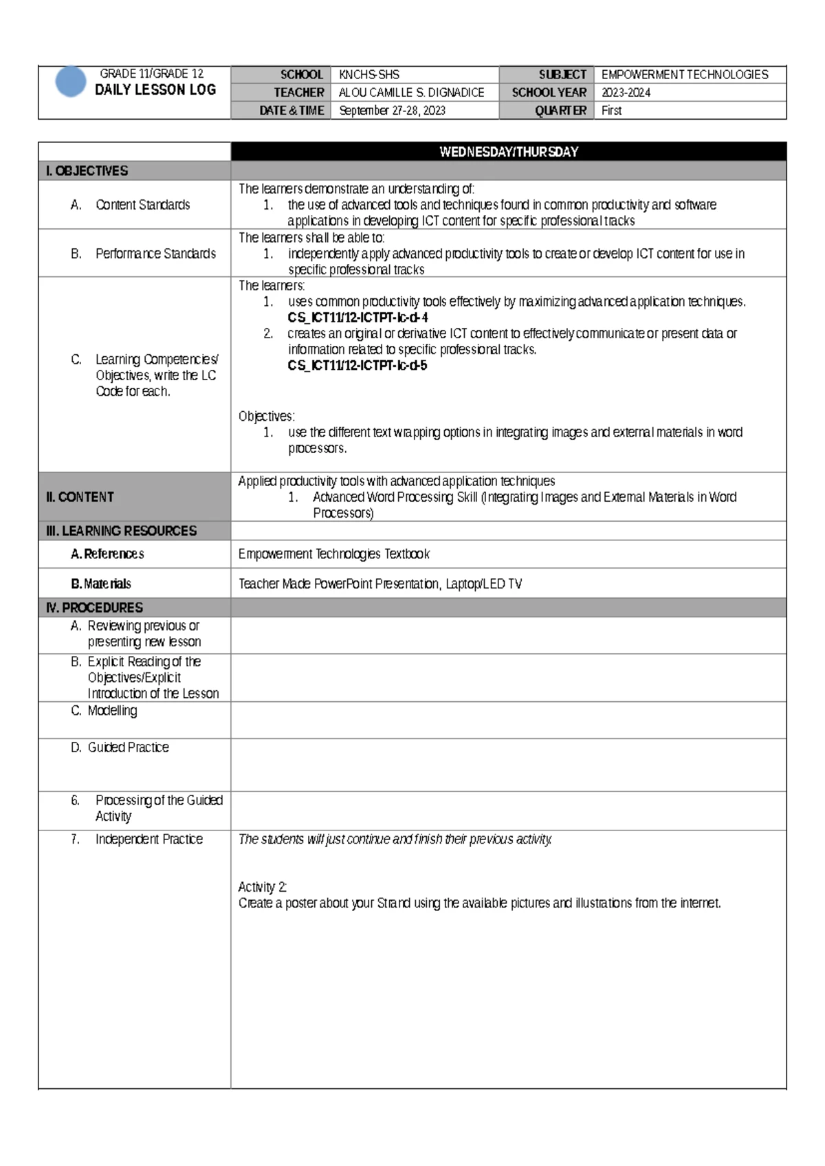 Etech DLL Explicit - Lesson 04.1.4 - Adv. Word Processing Skills - Studocu