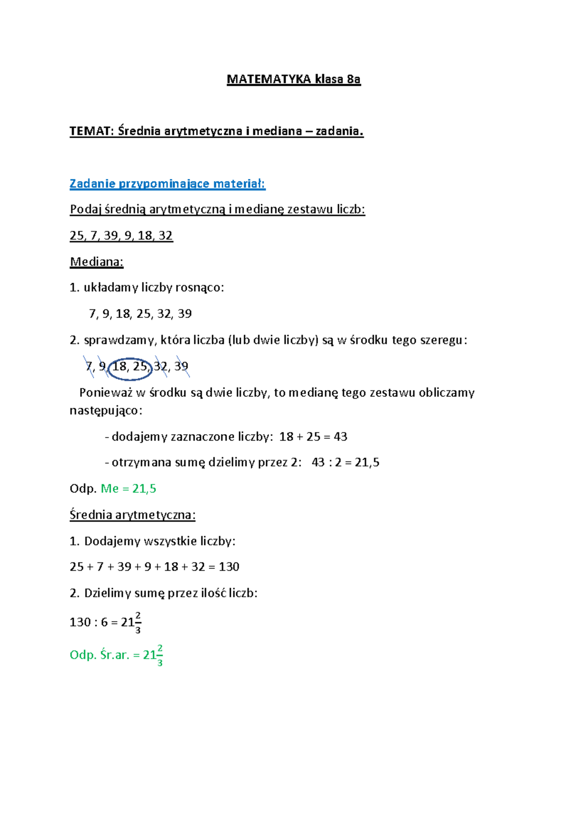 matematyka-klasa-8a-rednia-arytmetyczna-i-mediana-zadania-studocu