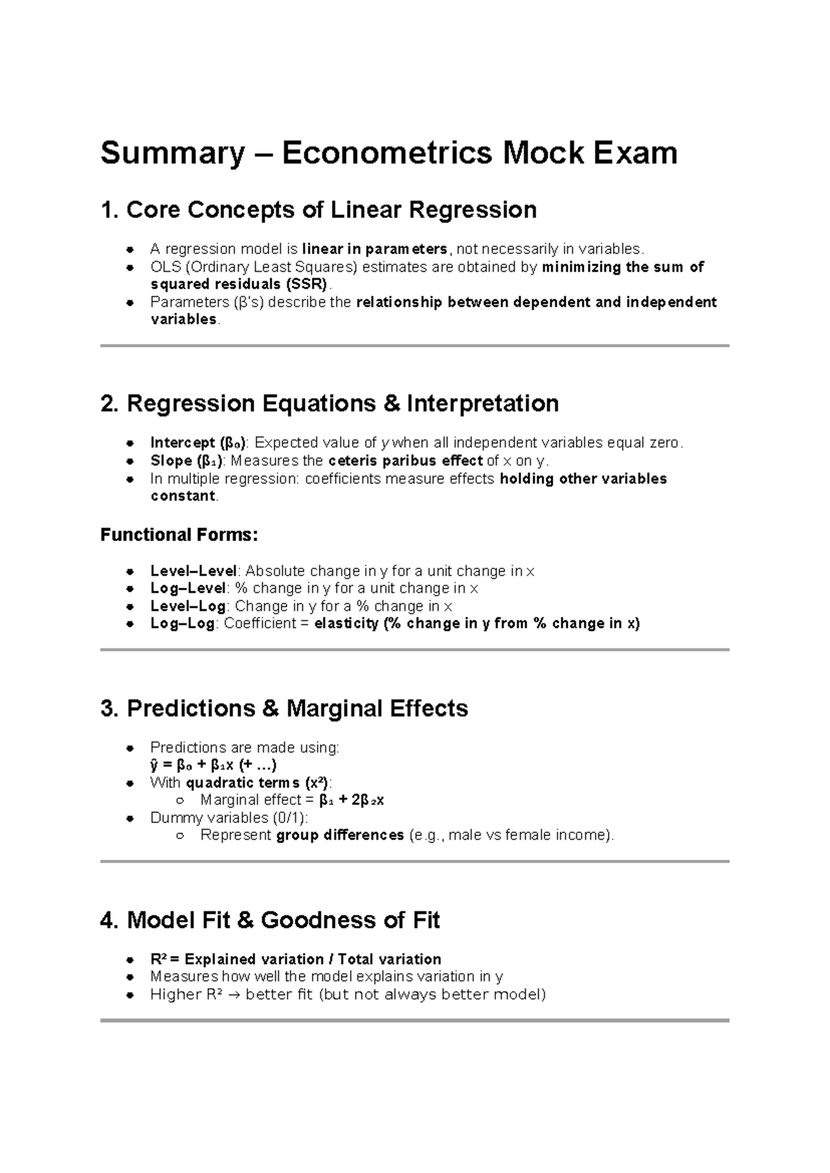 Summary – Econometrics Mock Exam 1: Key Concepts & Techniques - Studeersnel