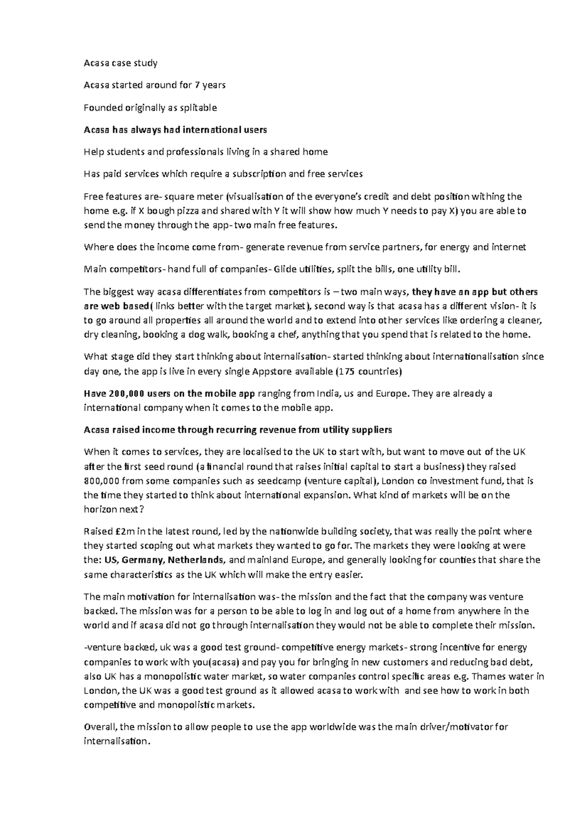 Acasa CASE Study Notes for international business - BUS304 - QMUL - Studocu
