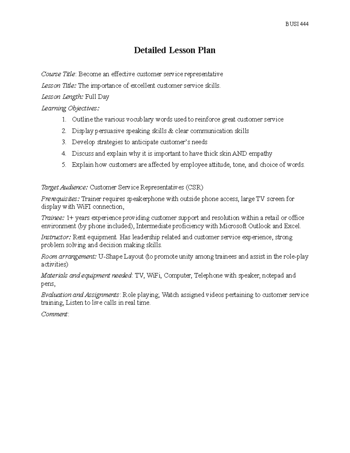 BUSI 444 Detailed Lesson Plan: Excellence in Customer Service Skills ...