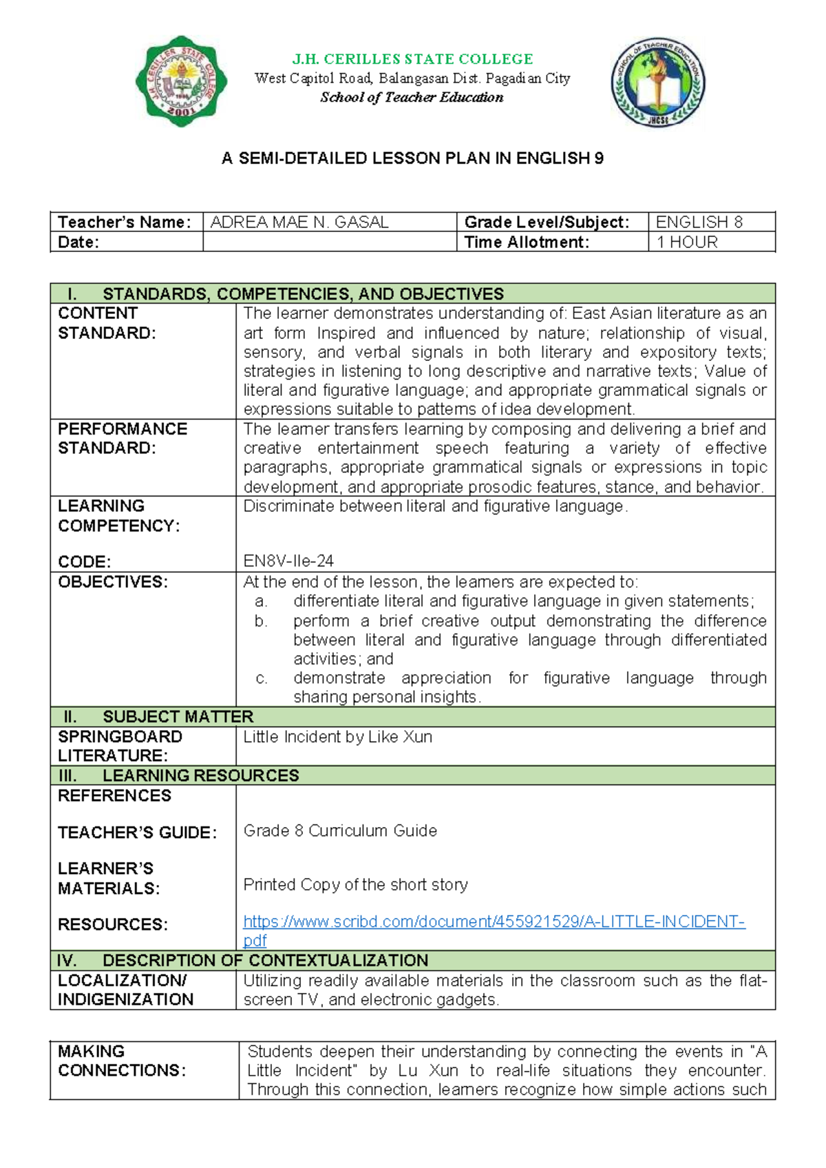 IMS- Lesson Plan: Understanding Literal & Figurative Language in ...