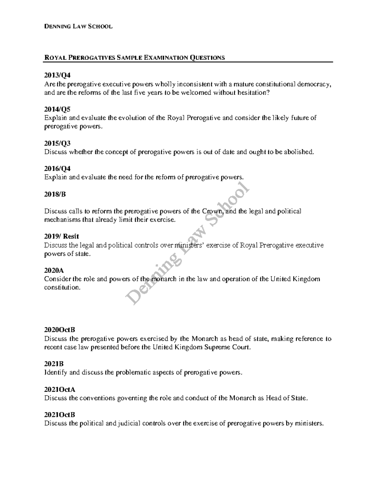 Royal Prerogatives - Sample Exam Questions for Denning Law School - Studocu