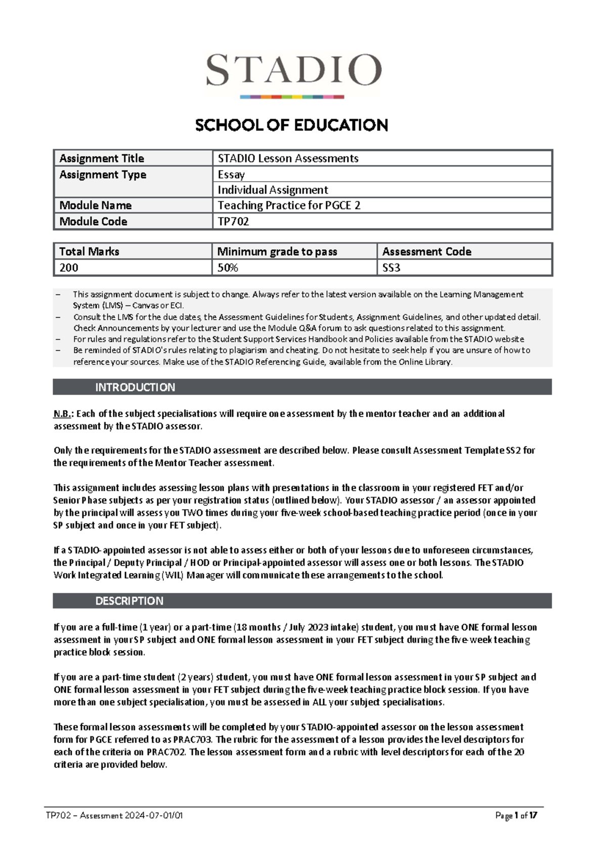 STADIO TP702 Lesson Assessment Guidelines for PGCE 2024 - Studocu