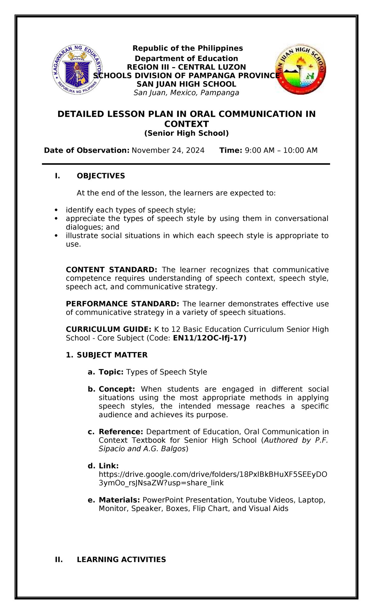 DLP: Types of Speech Styles in Oral Communication (Senior High) - Studocu
