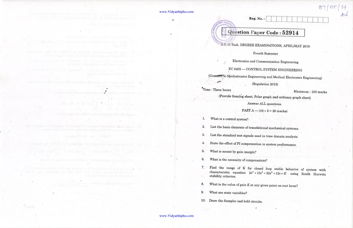 EC6405 MAY-JUNE 2016 - Question Paper on Control System Engineering ...
