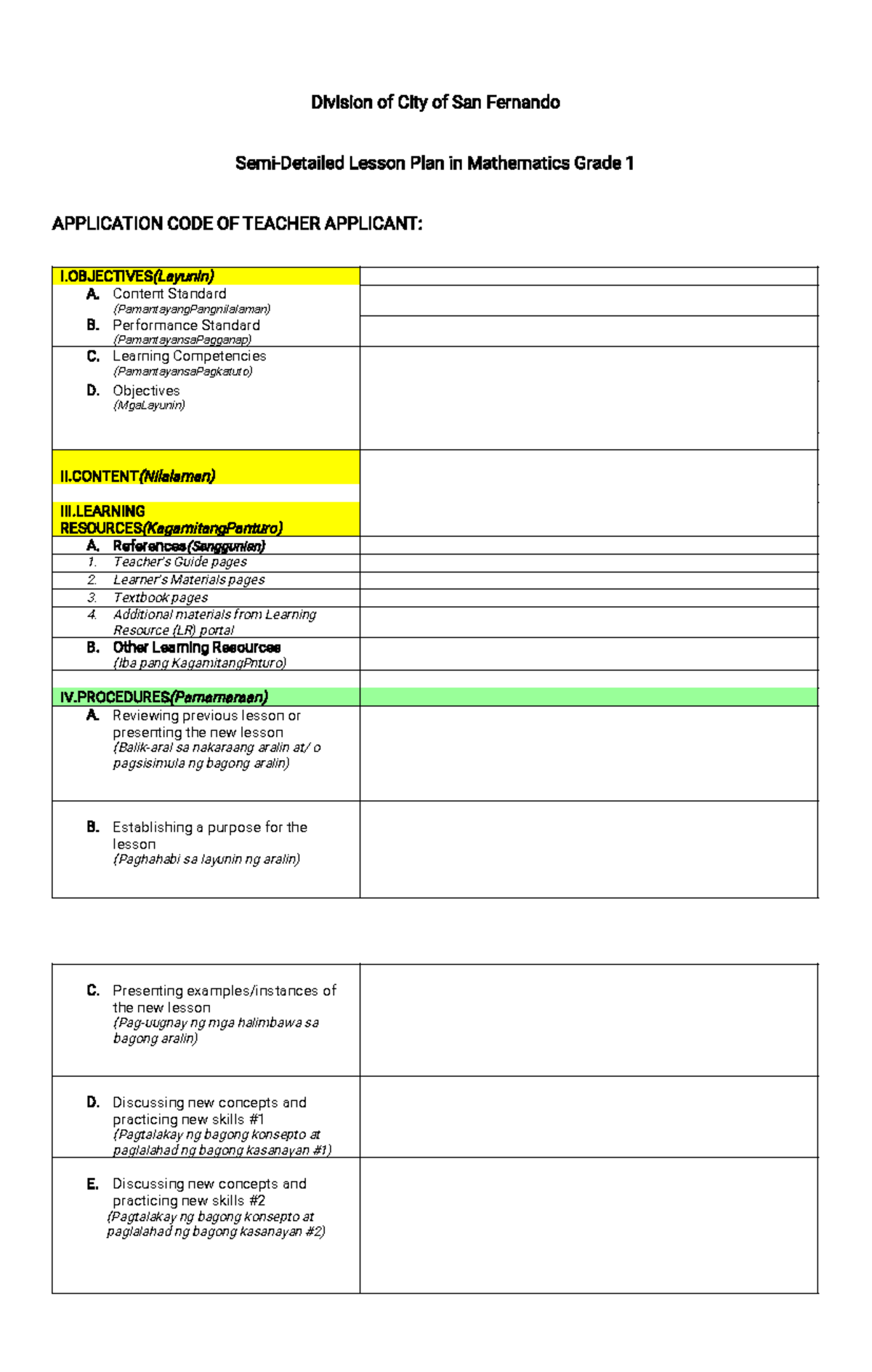 Lesson Plan Format for Mathematics Grade 1 (DepEd) - Studocu