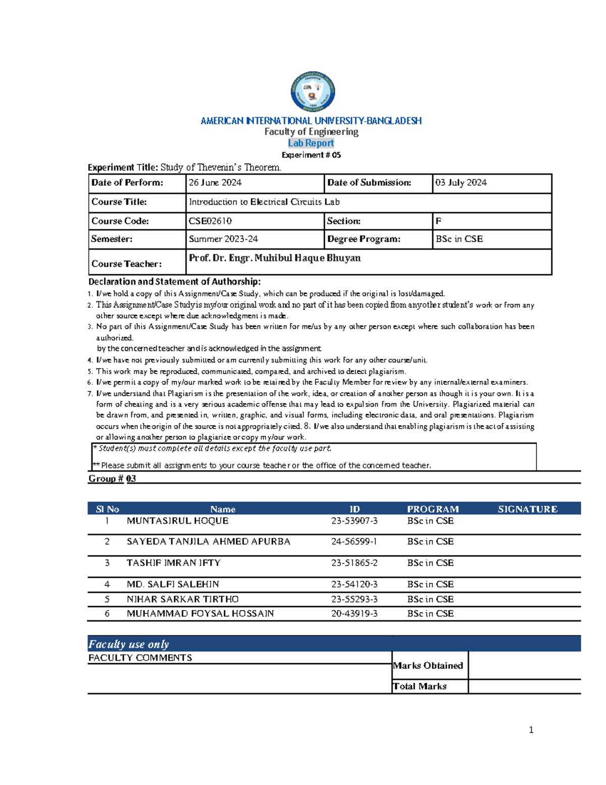 Lab Report - Experiment #05: Thevenin's Theorem (CSE02610, Sec-F) - Studocu
