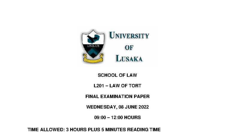 L201 LAW OF TORT FINAL EXAMINATION PAPER JUNE 2022 - Studocu