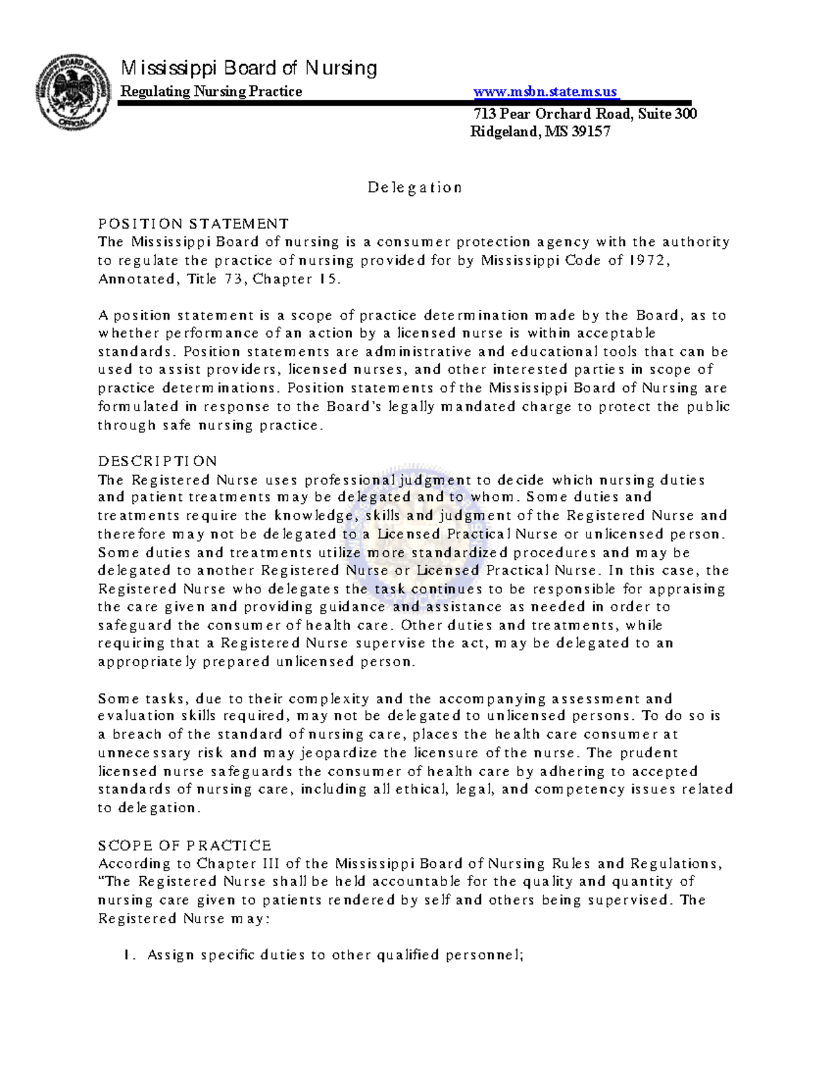 Mississippi Nursing Board Position Statement on Delegation Practices ...