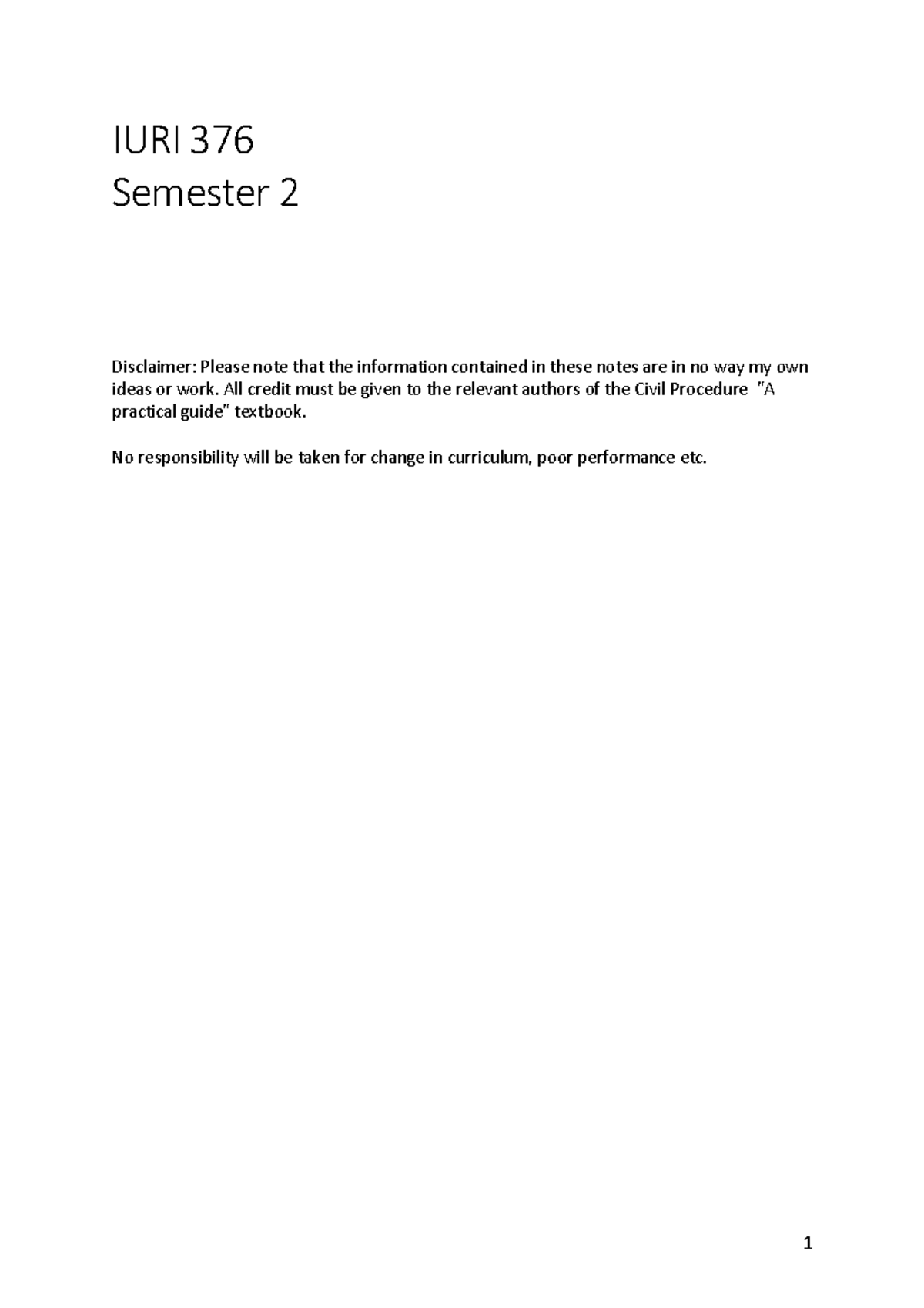 IURI 376 Semester 2 Civil Procedure Study Notes and Guidelines - Studocu