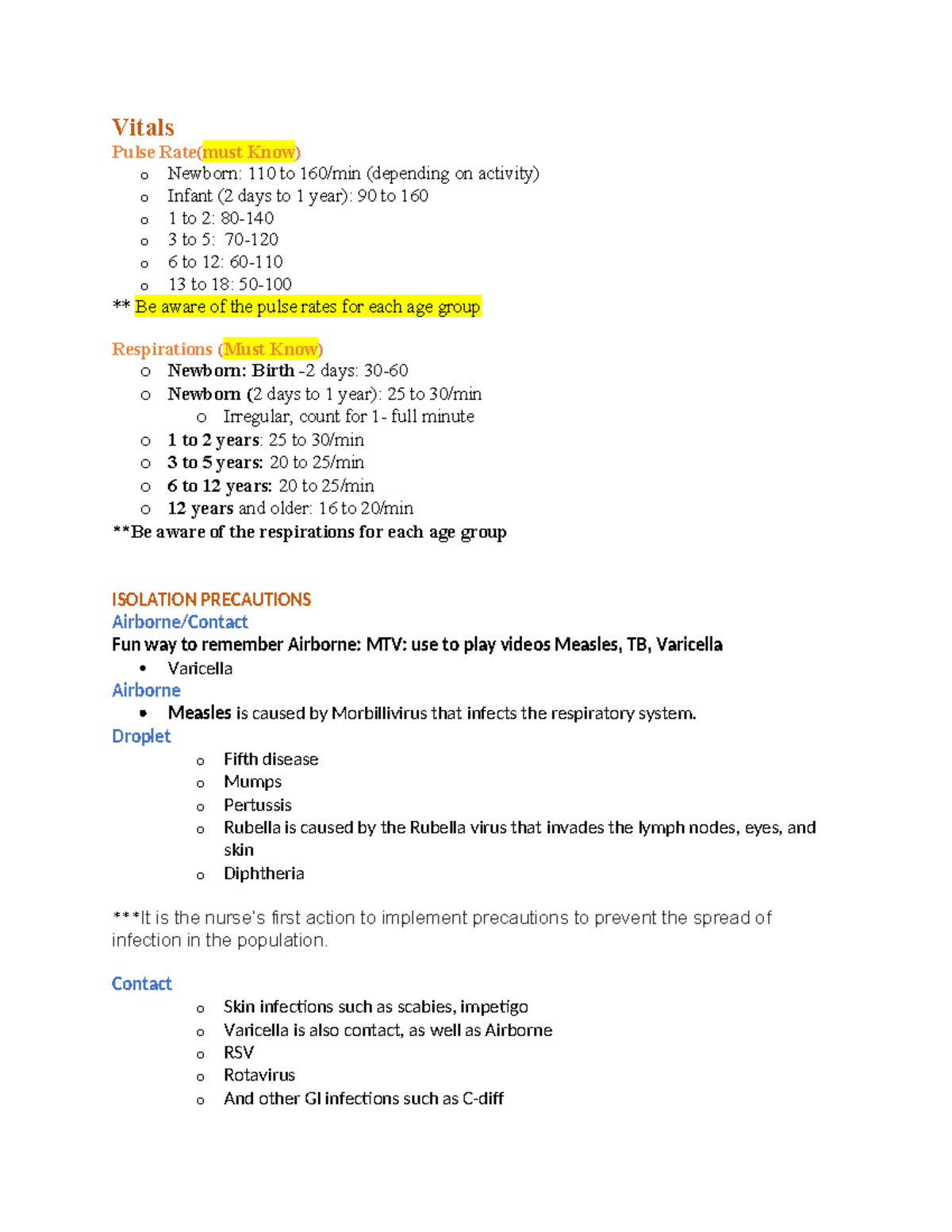 Peds Exam 2 Concepts - things to review - Vitals Pulse Rate(must Know ...