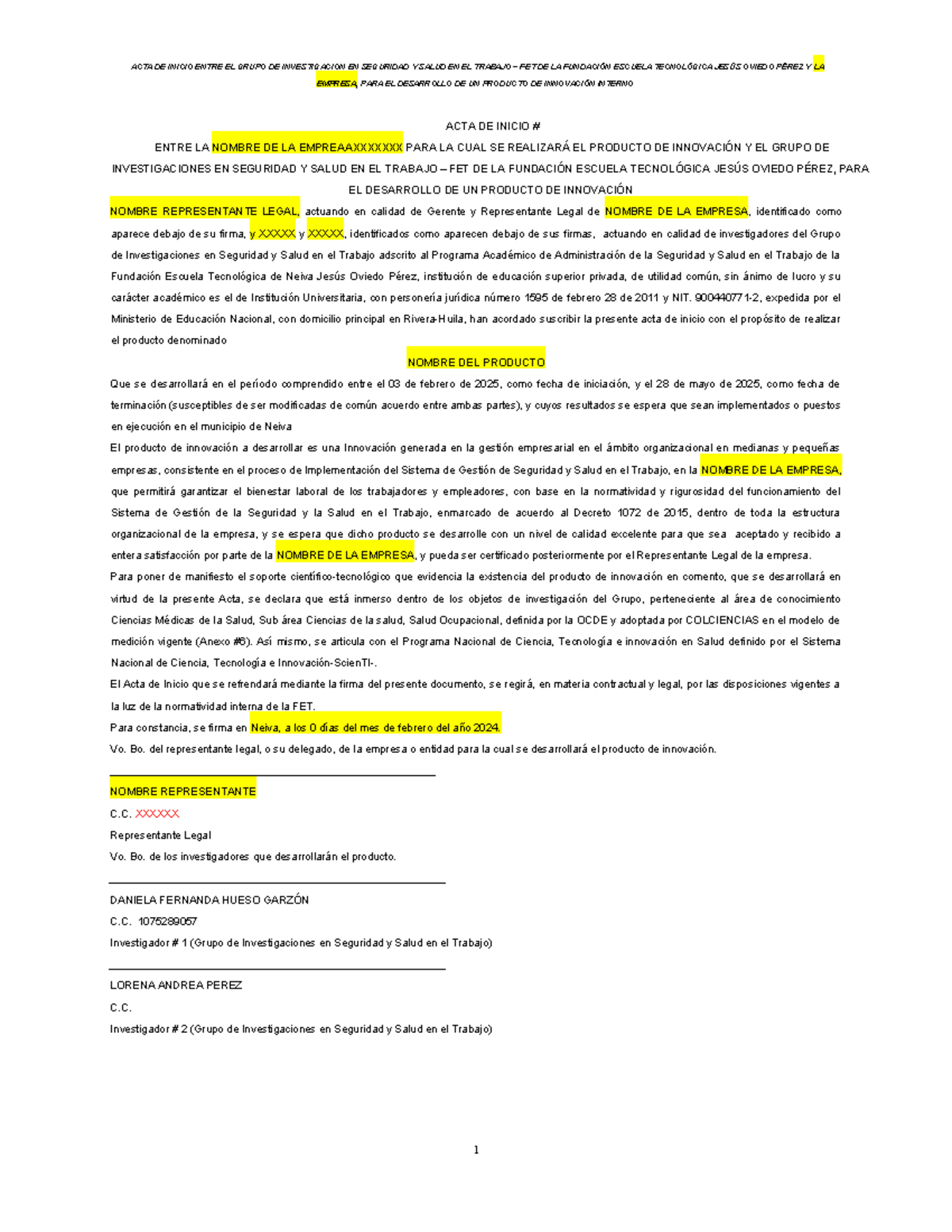 Acta de Inicio del Producto de Innovación en Seguridad y Salud - FET ...