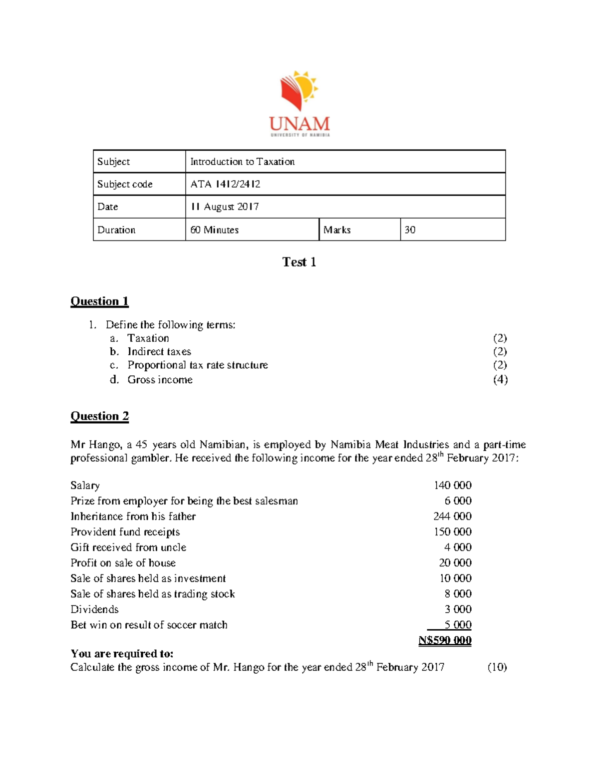 Test 1 - 2017 - ATA Introduction to Taxation Exam Memo - Studocu