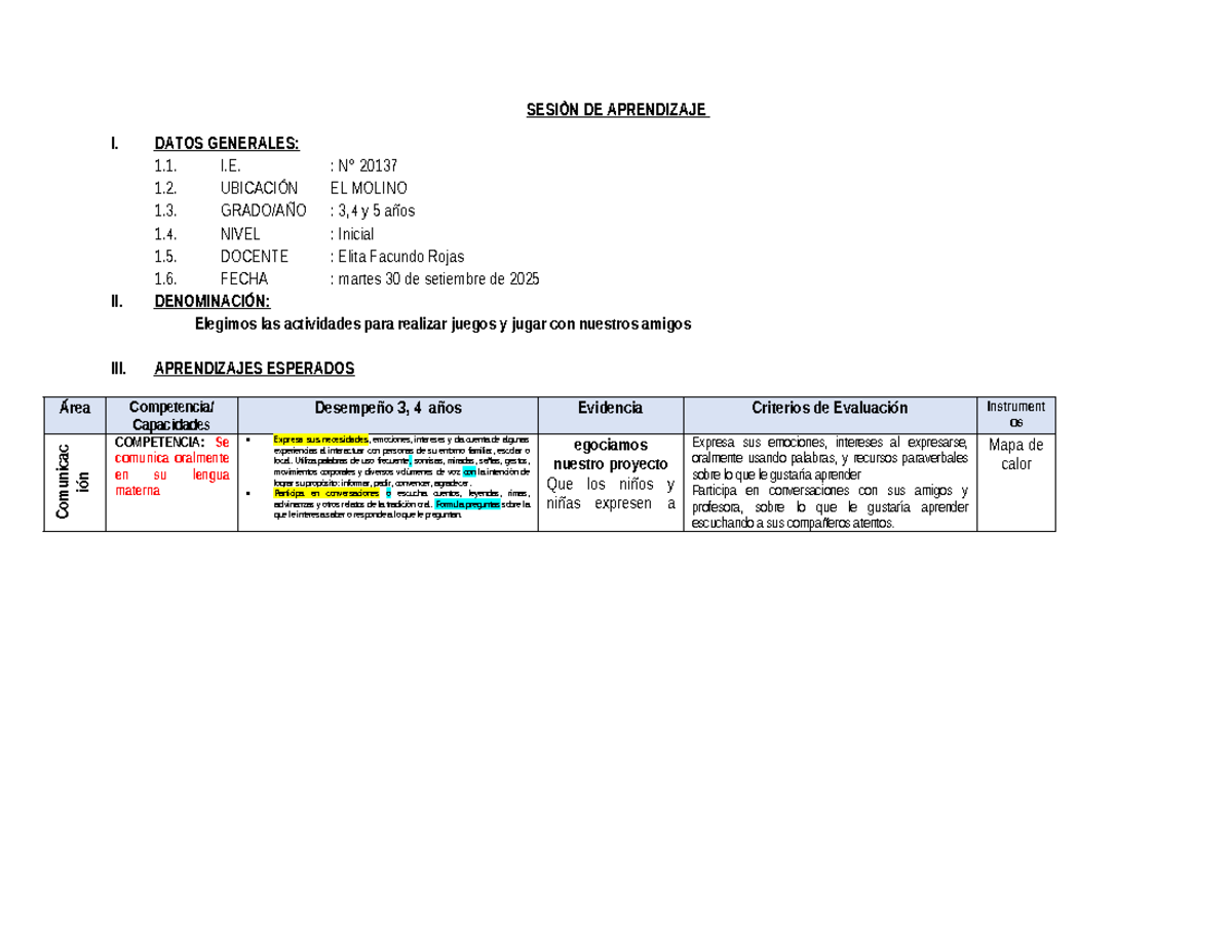 SESIÓN DE APRENDIZAJE I: Comunicación y Juegos para Niños de 3 a 5 Años ...