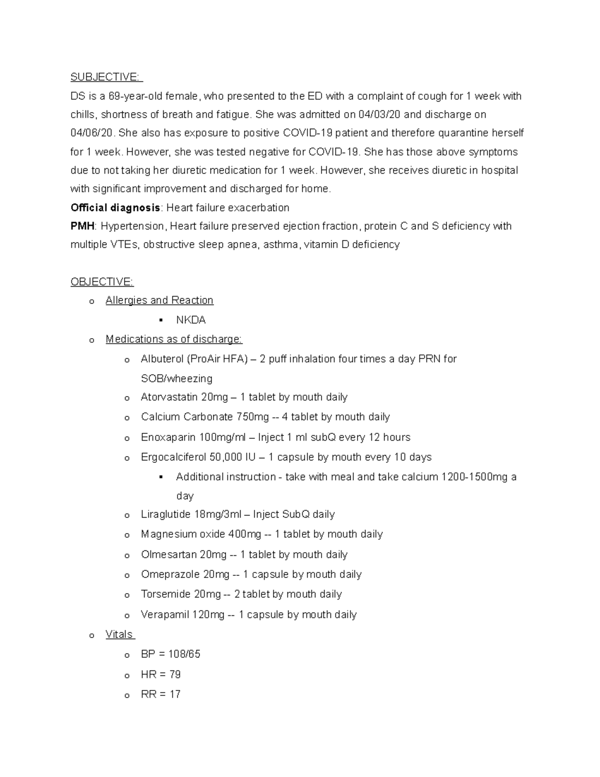 HF SOAP NOTE - Cardiovascular Exacerbation Cases for Exam Practice ...