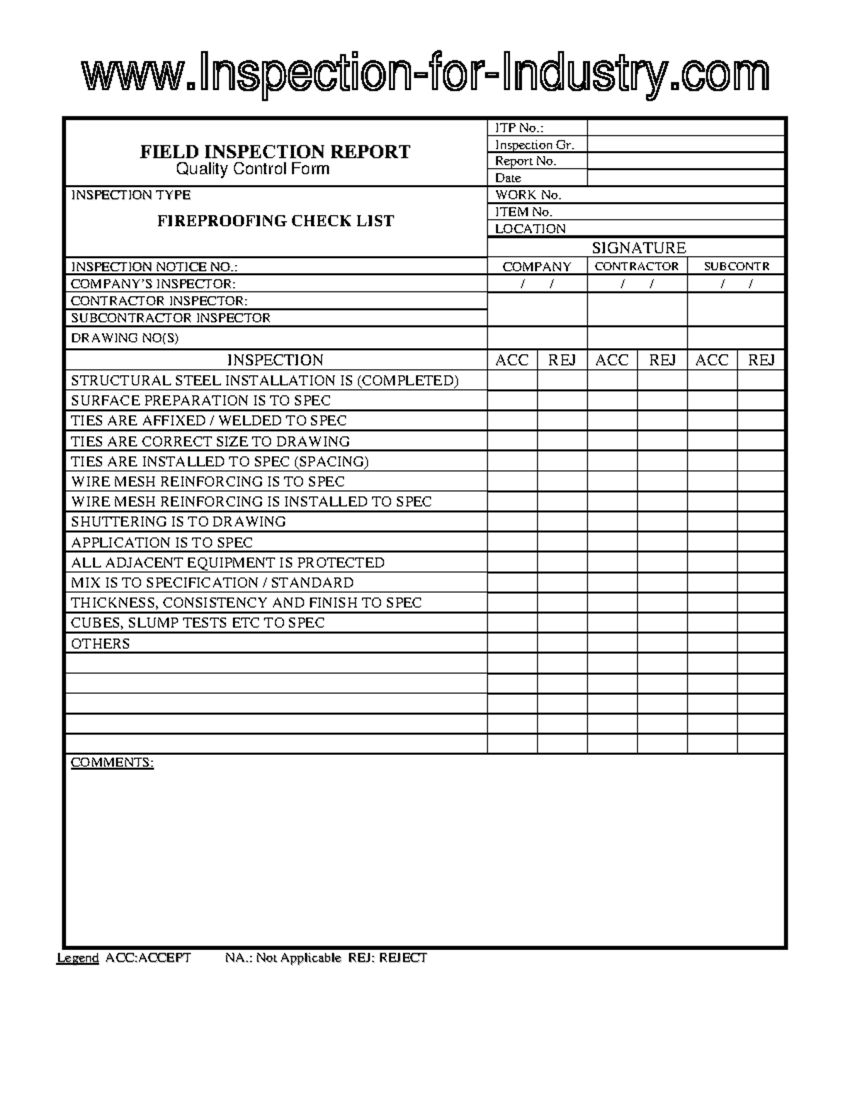 Fireproofing Quality Control Inspection Report Checklist - Studocu