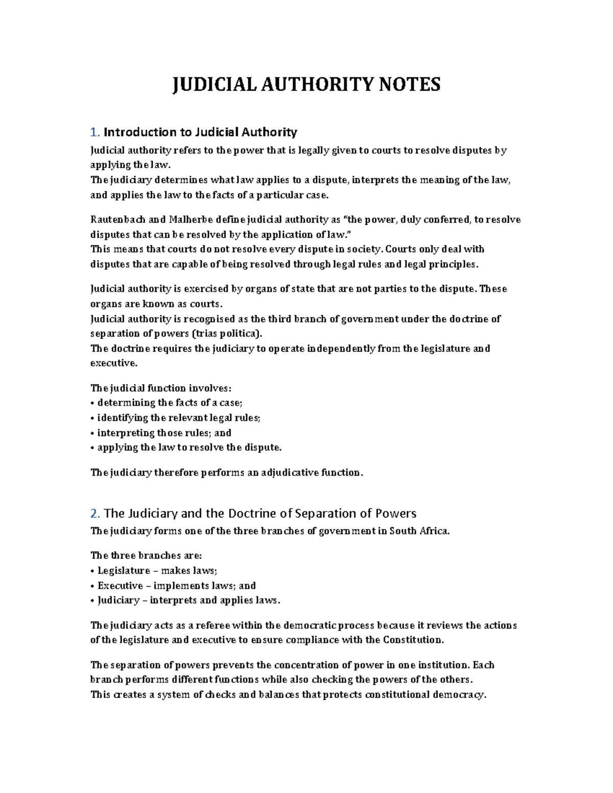 JUDICIAL AUTHORITY NOTES: Understanding the Role of Courts in SA - Studocu