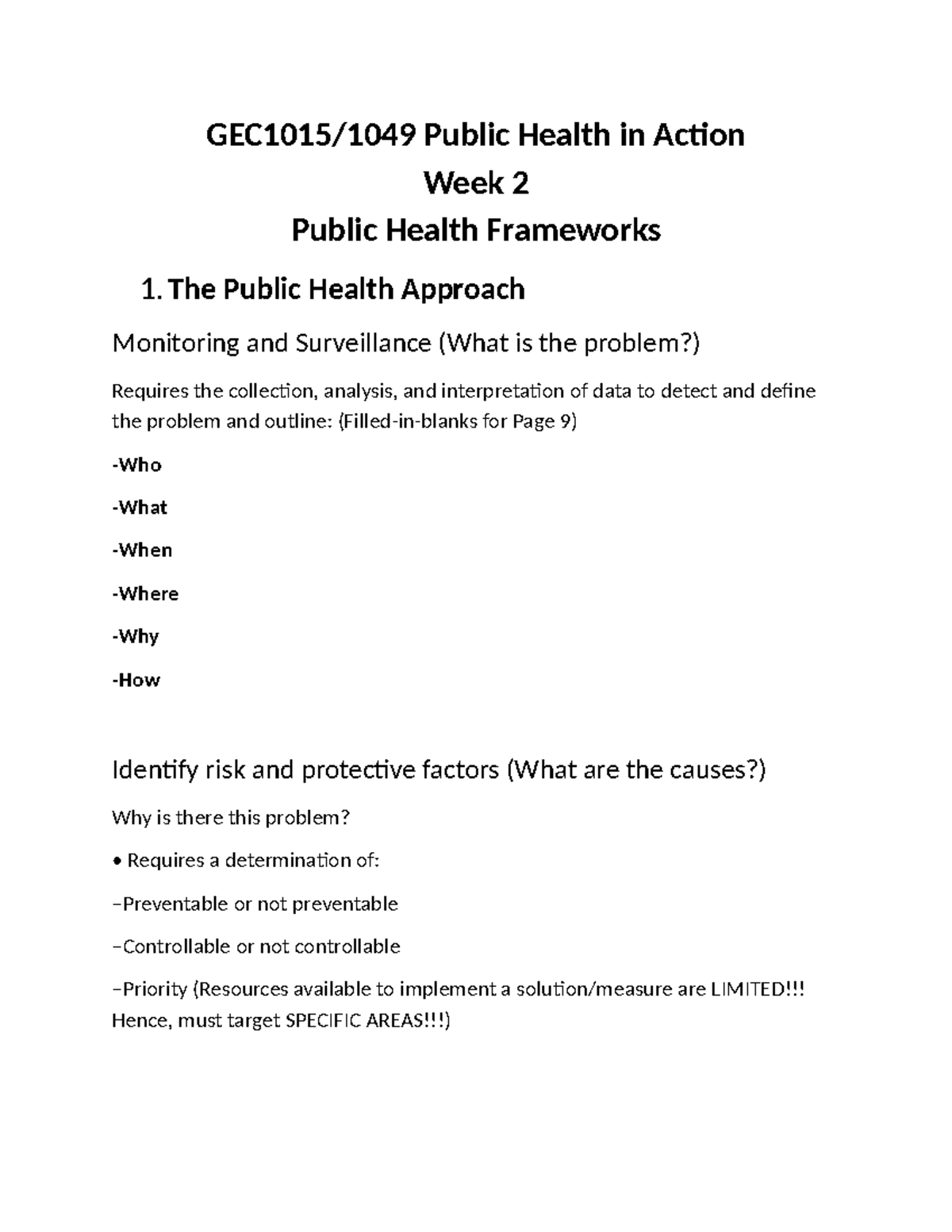 GEC1015 Week 2 Lecture Notes: Public Health Frameworks & Models - Studocu