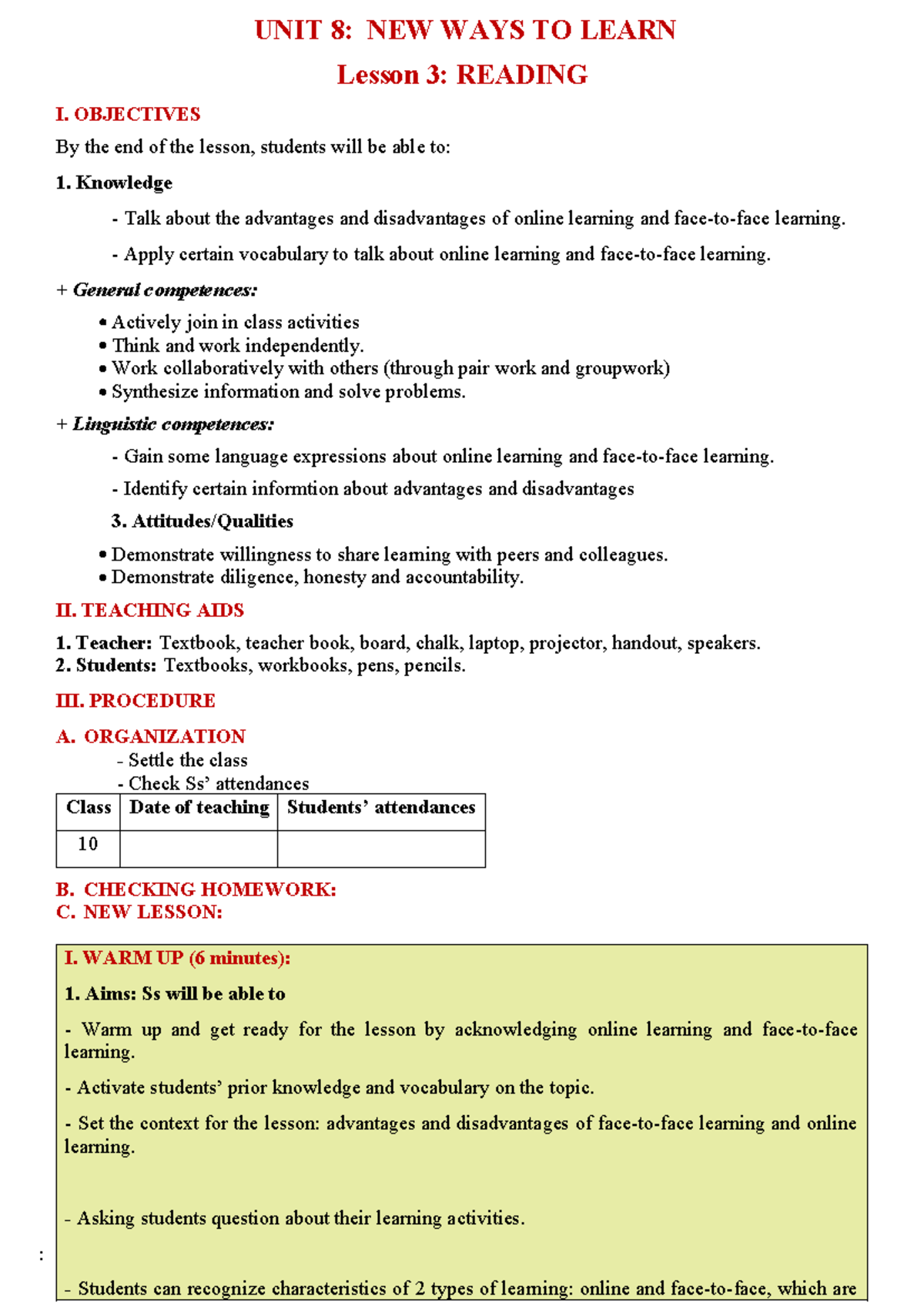 UNIT 8: NEW WAYS TO LEARN - Lesson 3: READING Objectives & Activities ...