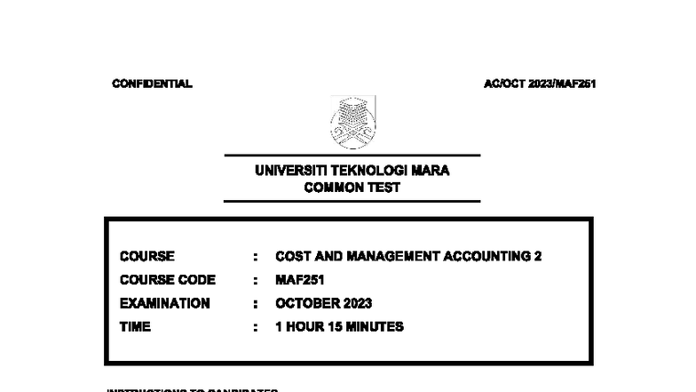 CT MAF251 Common Test: Cost & Management Accounting 2 - Oct 2023 - Studocu