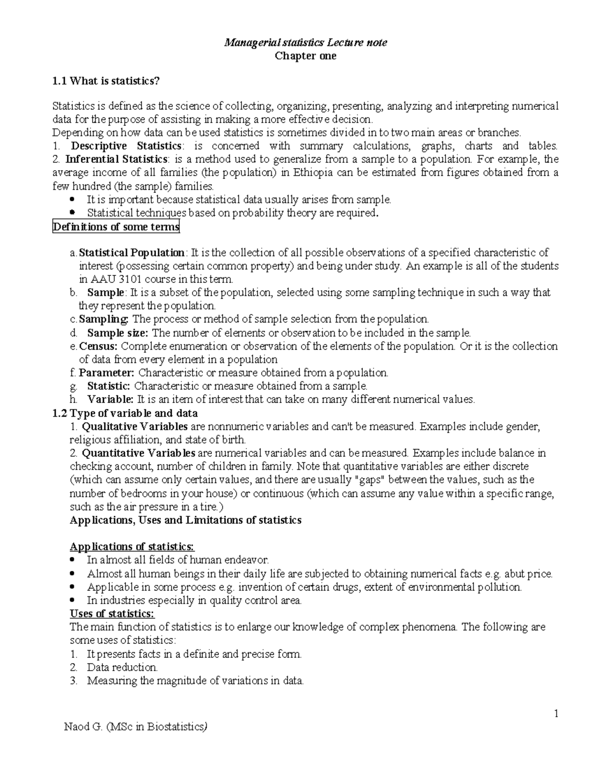 Managerial Statistics Lecture Notes: Chapter 1 Overview - Document Preview