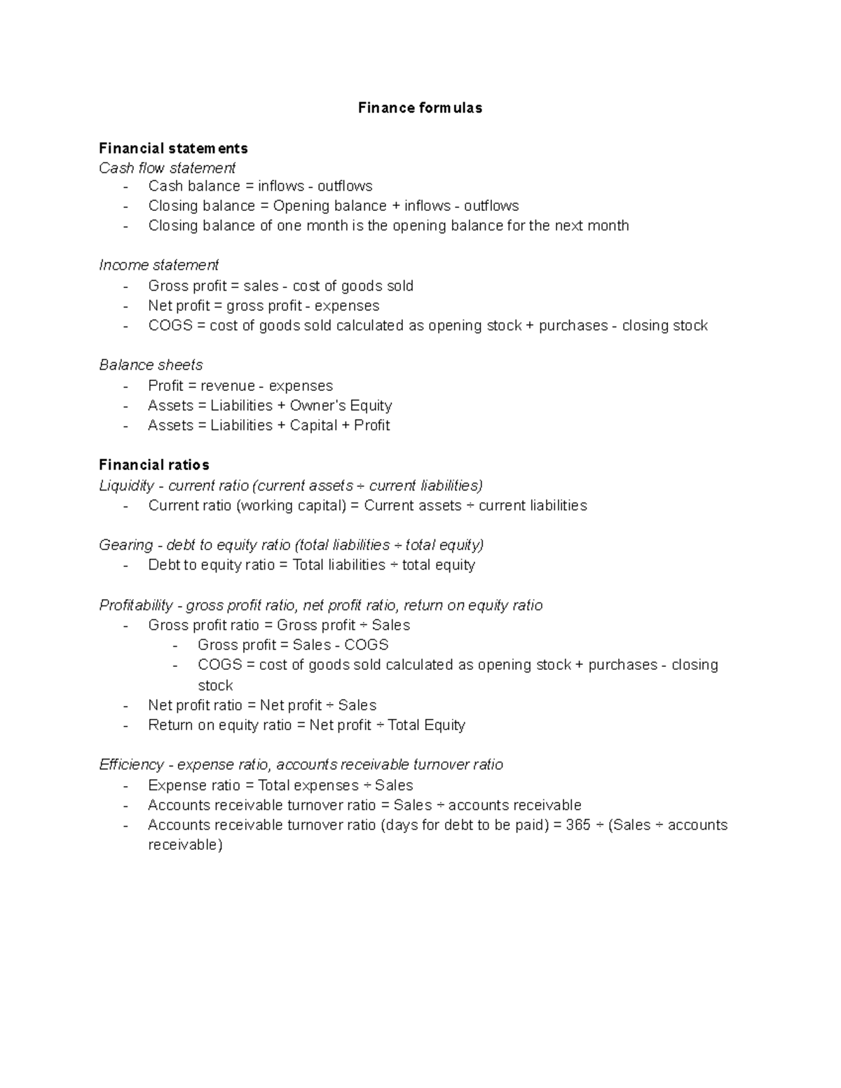 Finance topic formulas - Finance formulas Financial statements Cash ...