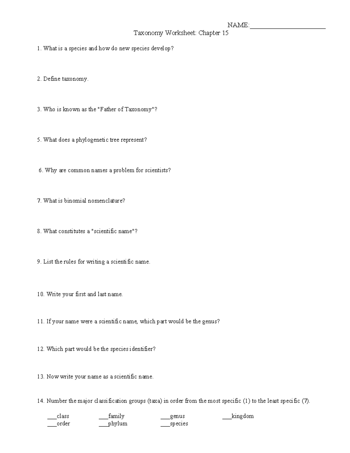 Taxonomy Worksheet: Chapter 15 Study Guide for Biology 101 - Studocu