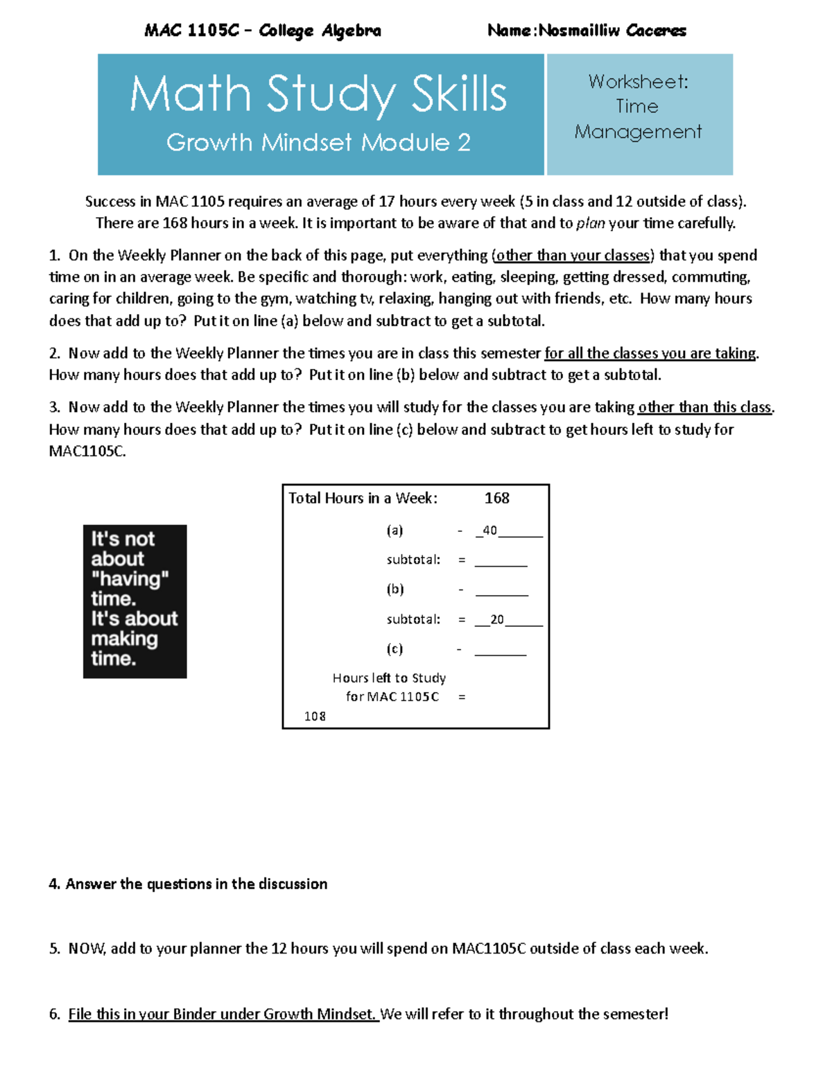 Growth Mindset Module 2 - Time Management - adjusted KG 2 - MAC 1105C ...