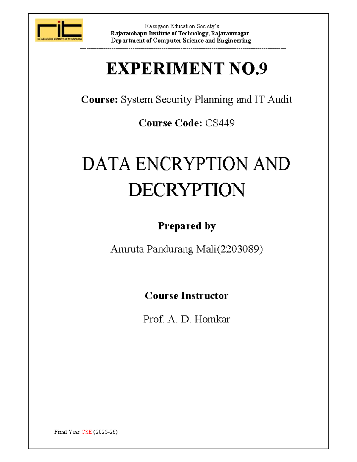 CS449 Final Year Experiment 9: Data Encryption & Decryption - Studocu