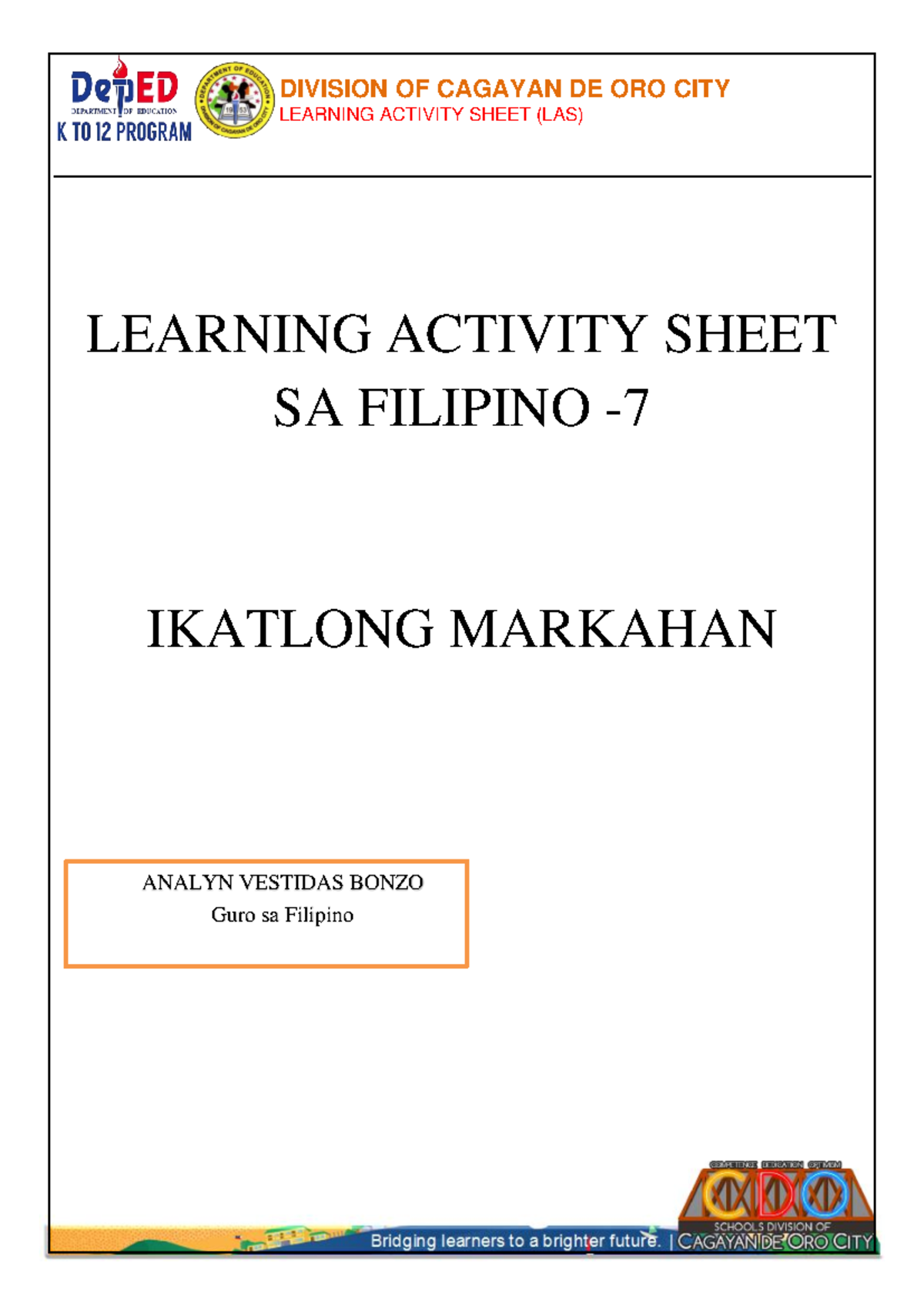 Filipino 7 LAS Learning Activity Sheet for 3rd Quarter - Studocu