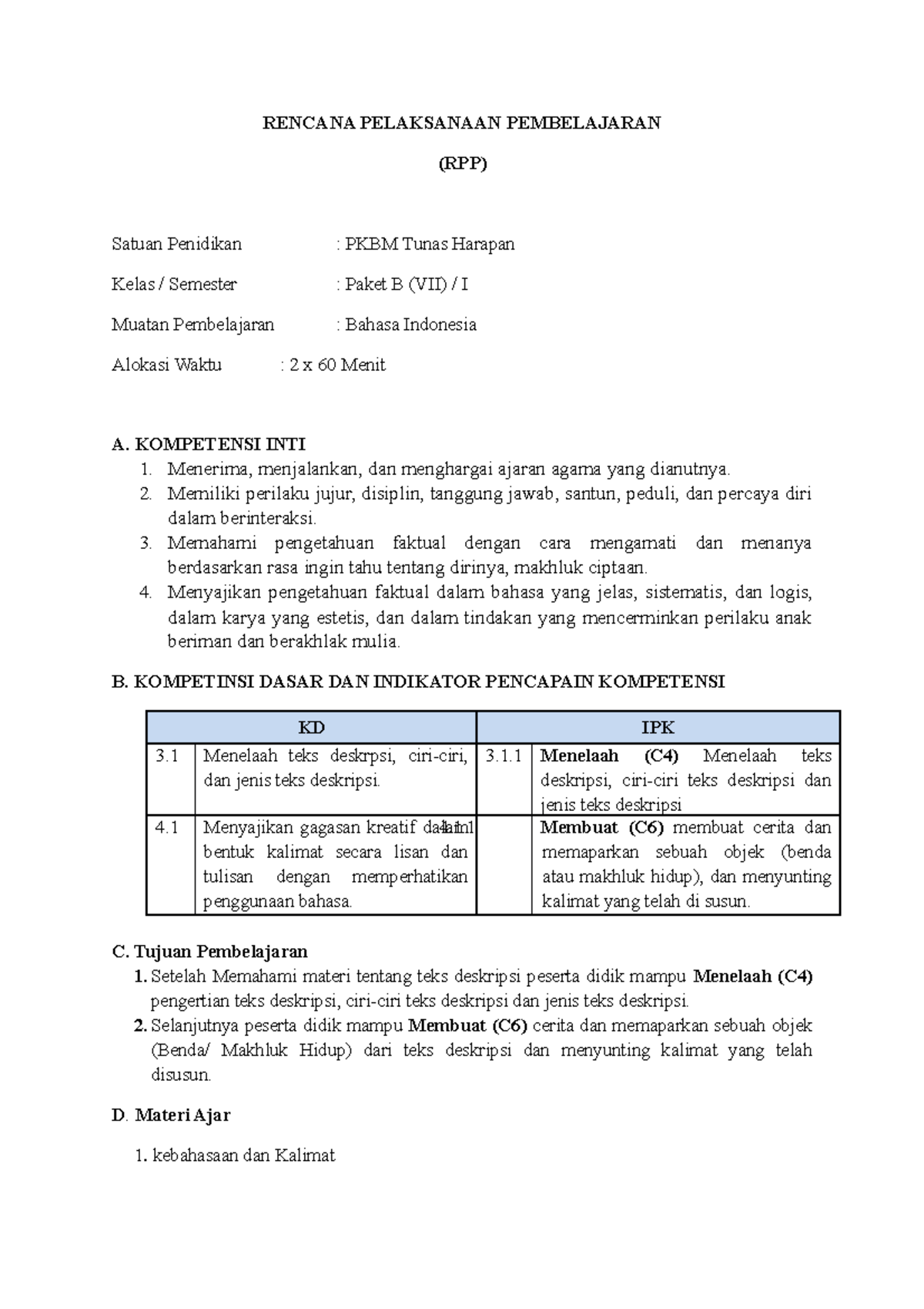Tugas Contoh RPP - RENCANA PELAKSANAAN PEMBELAJARAN (RPP) Satuan ...
